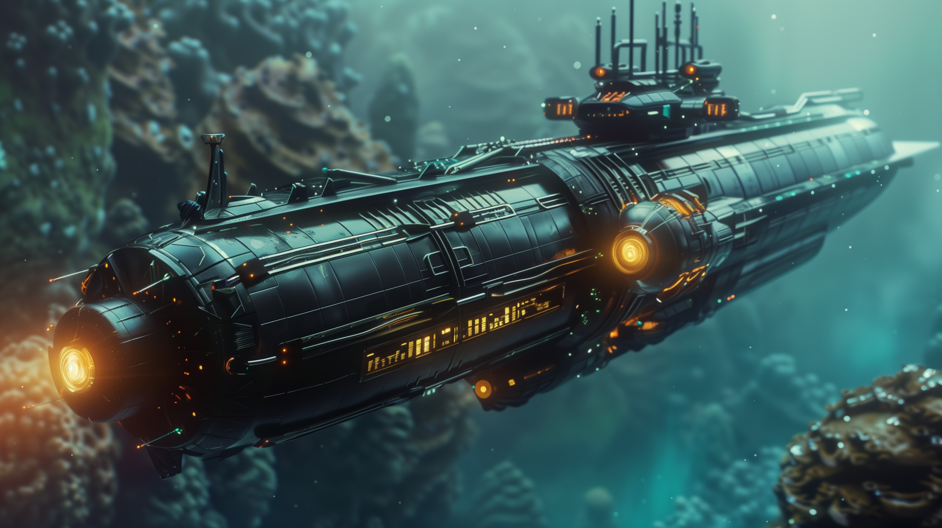 HD desktop wallpaper featuring a futuristic submarine underwater, surrounded by coral reefs and bathed in ethereal light.