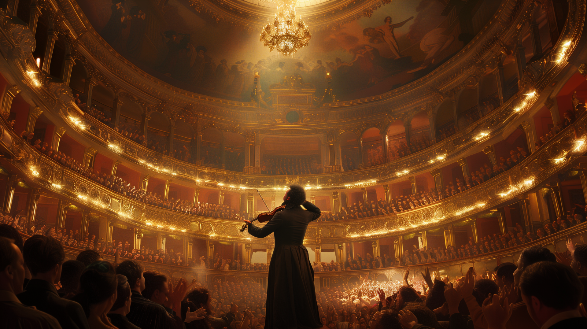 A theater violinist stands under a spotlight, captivating an audience in a grand, chandelier-lit hall. This HD wallpaper captures the drama and elegance of a live performance.