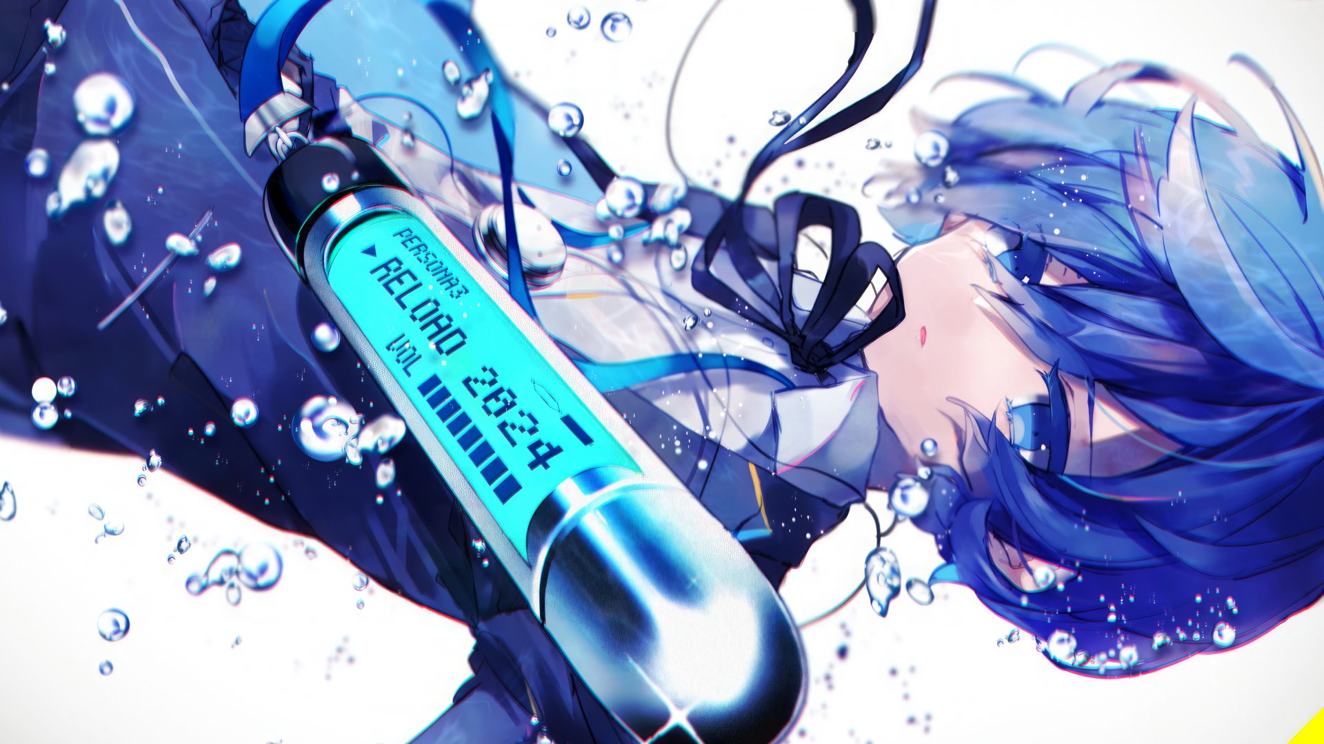 HD desktop wallpaper featuring Makoto Yuki from Persona 3 Reload. The character is floating with a tube labeled Reload 2024, surrounded by blue water droplets.