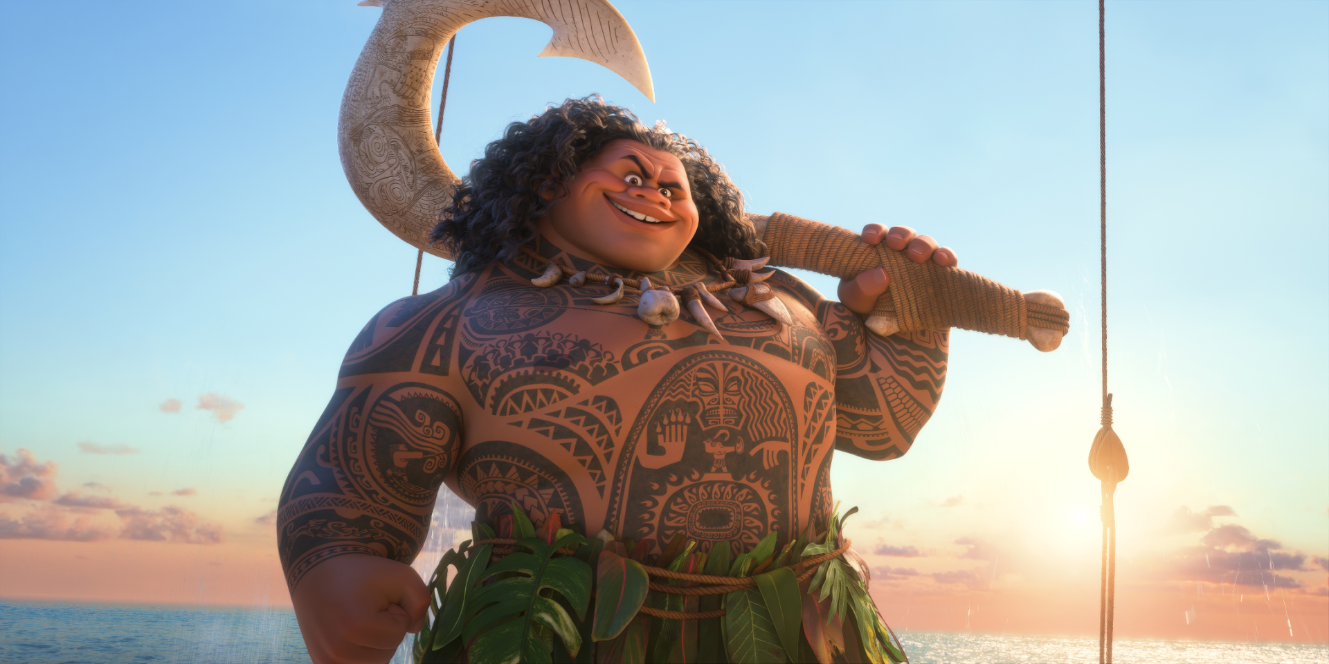 HD desktop wallpaper featuring Maui from Moana 2, standing confidently with his fishhook against a backdrop of a beautiful ocean and setting sun.