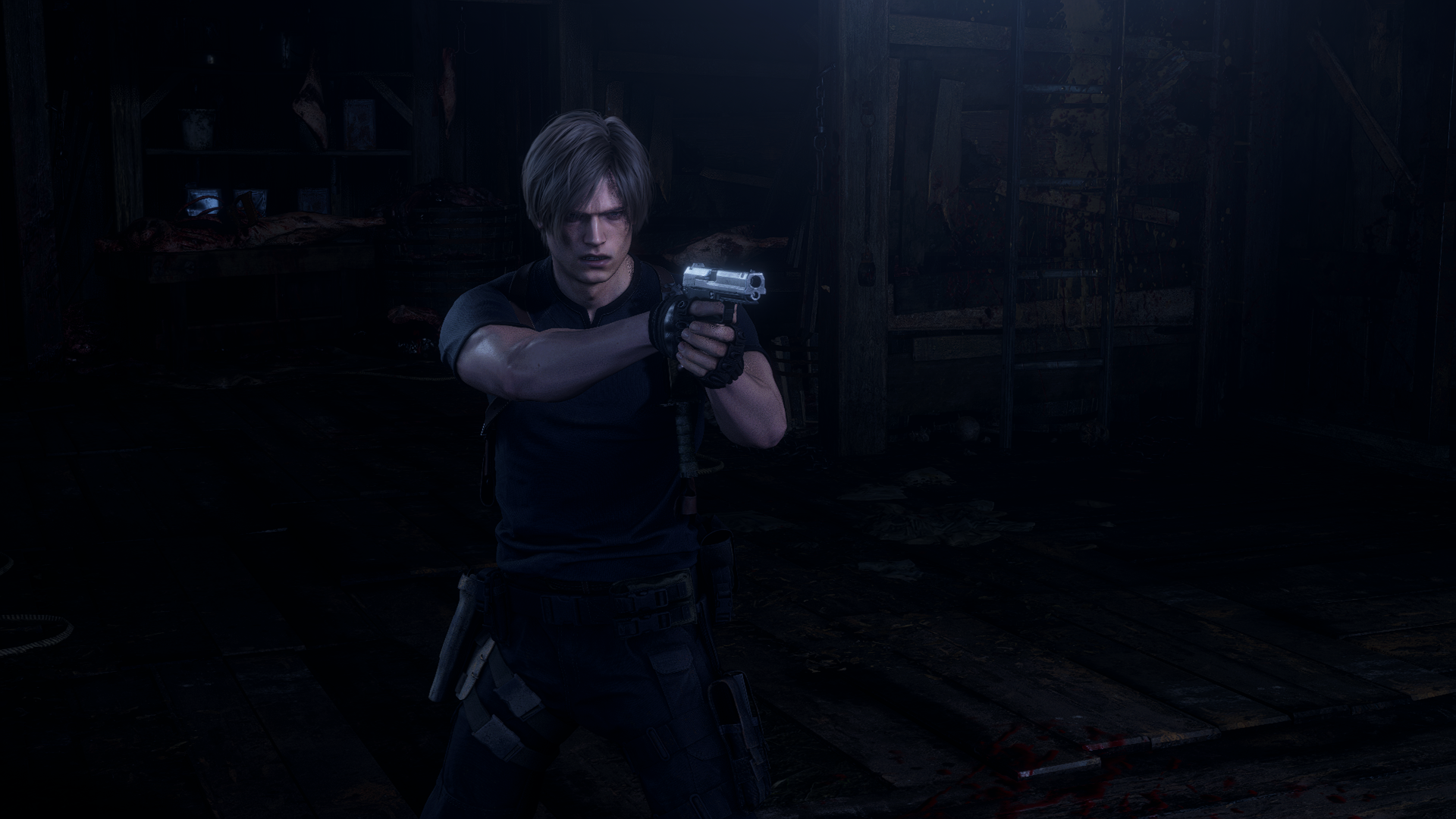 HD PC desktop wallpaper featuring a scene from the Resident Evil 4 (2023) video game, showing the protagonist aiming a handgun in a dark, eerie environment.