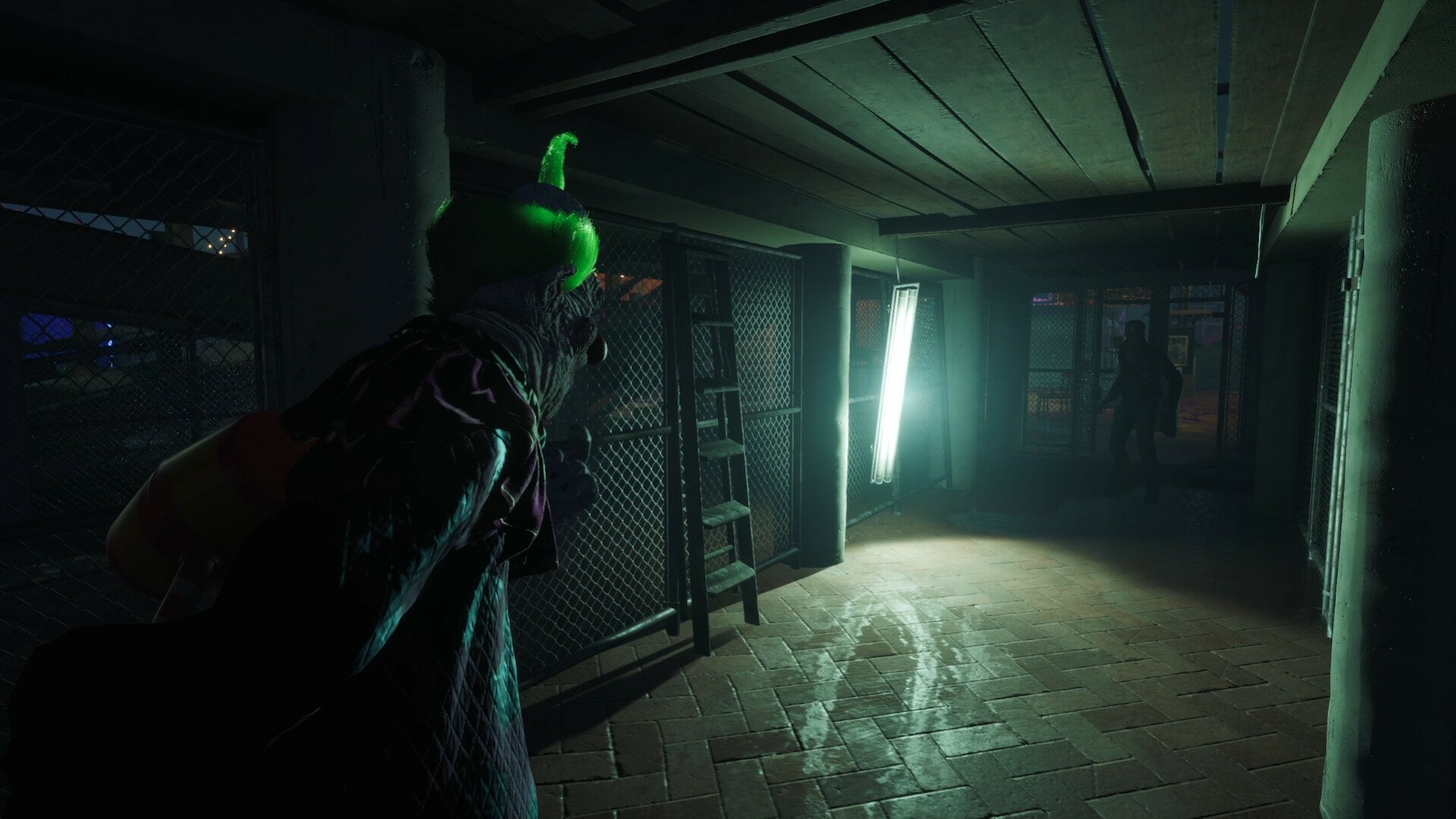 HD wallpaper of the video game Killer Klowns from Outer Space: The Game, featuring a dark, eerie hallway with a clown character approaching a shadowy figure.