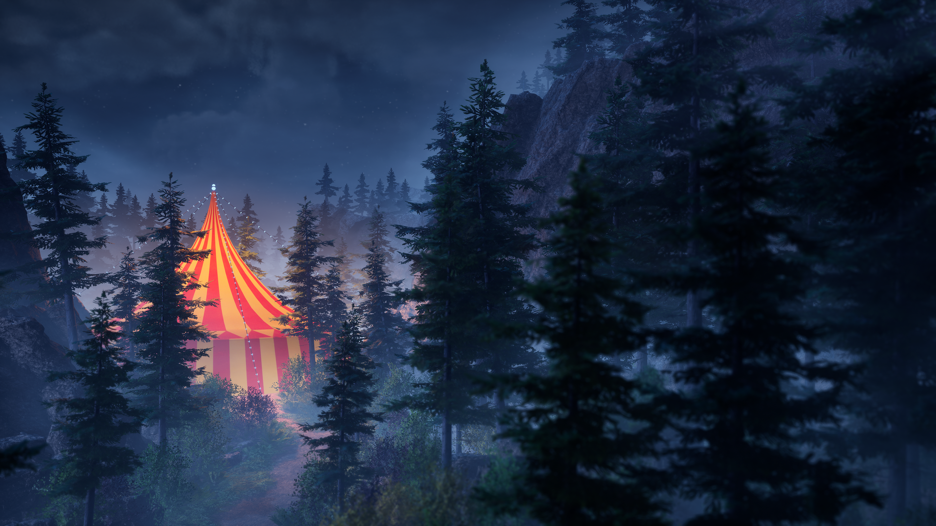 A HD desktop wallpaper from Killer Klowns from Outer Space: The Game, depicting a colorful circus tent illuminated in a dark, eerie forest setting.