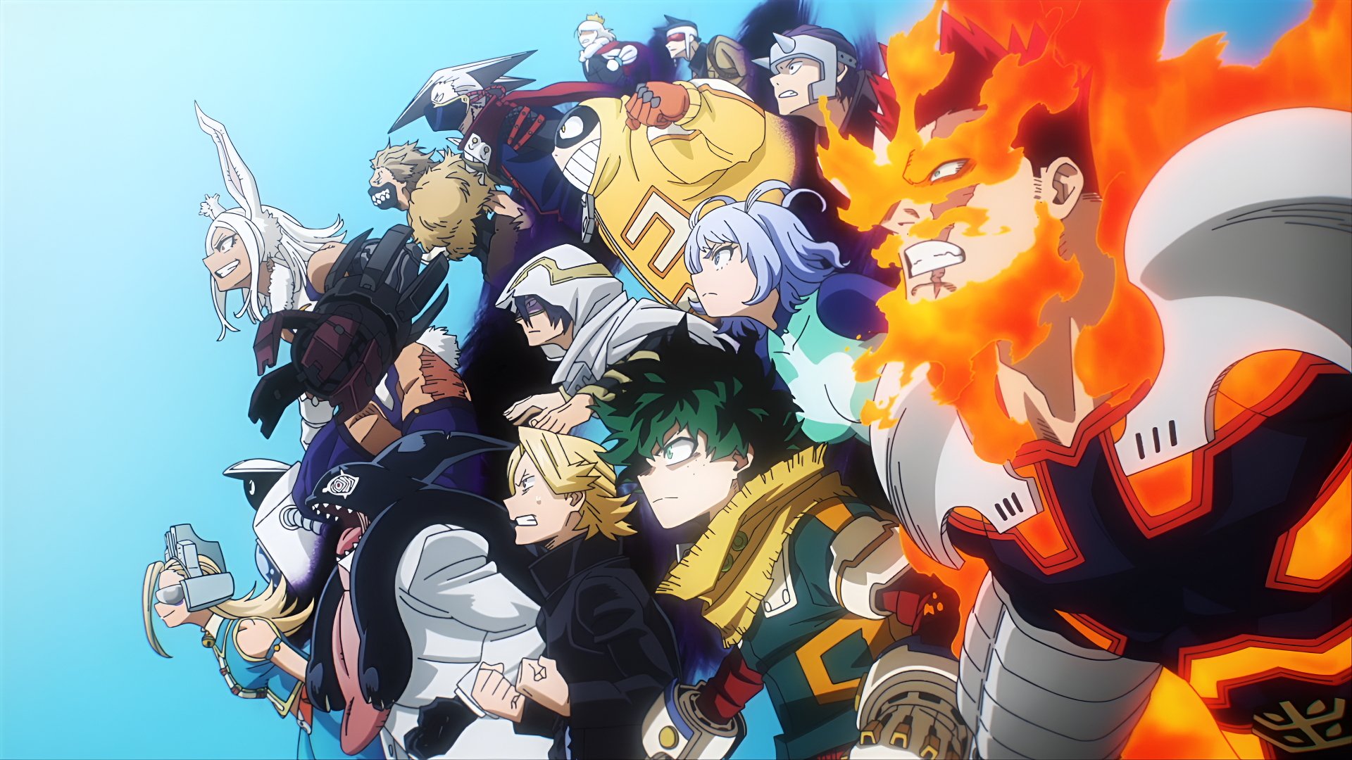Anime scene from My Hero Academia featuring multiple heroes in action, rendered in vibrant 4K Ultra HD, designed as a dynamic PC desktop wallpaper and background.