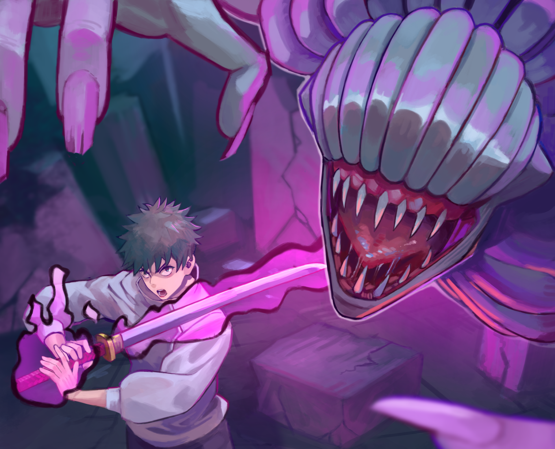 Anime HD desktop wallpaper featuring Yuta Okkotsu from Jujutsu Kaisen 0 wielding a glowing sword against a menacing, sharp-toothed creature.