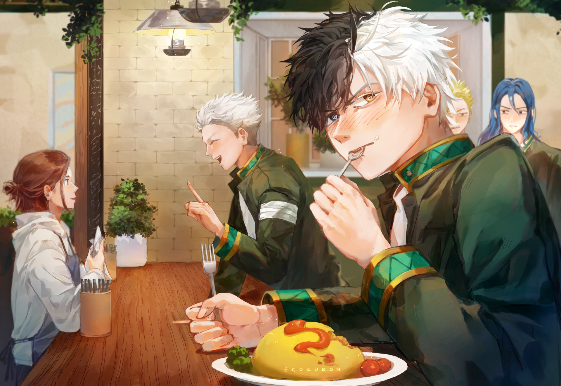 Anime-style 4K Ultra HD wallpaper featuring Wind Breaker characters Haruka Sakura and Hajime Umemiya dining indoors with detailed backgrounds and warm lighting.