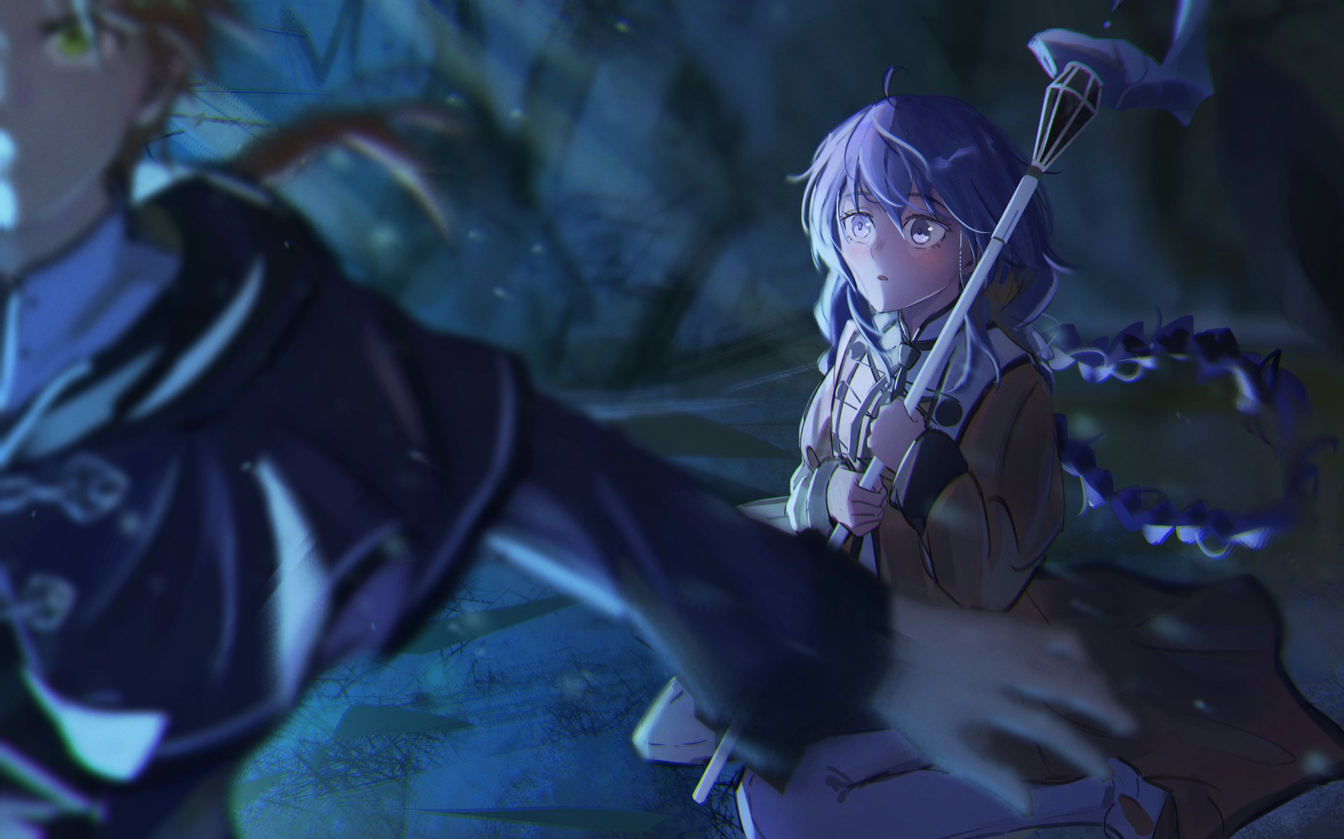 4K Ultra HD anime wallpaper featuring Roxy Migurdia and Rudeus Greyrat from Mushoku Tensei: Jobless Reincarnation with a mystical, nighttime setting.