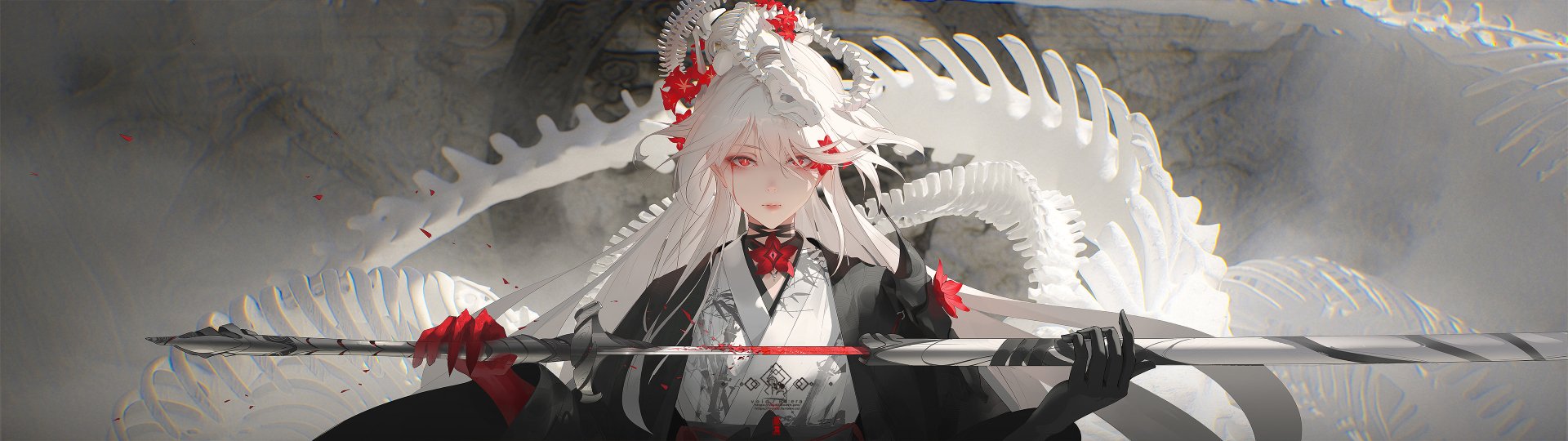 HD desktop wallpaper featuring Acheron from Honkai: Star Rail, depicted as a white-haired girl with red eyes, intricate attire, and a large skeletal design in the background.