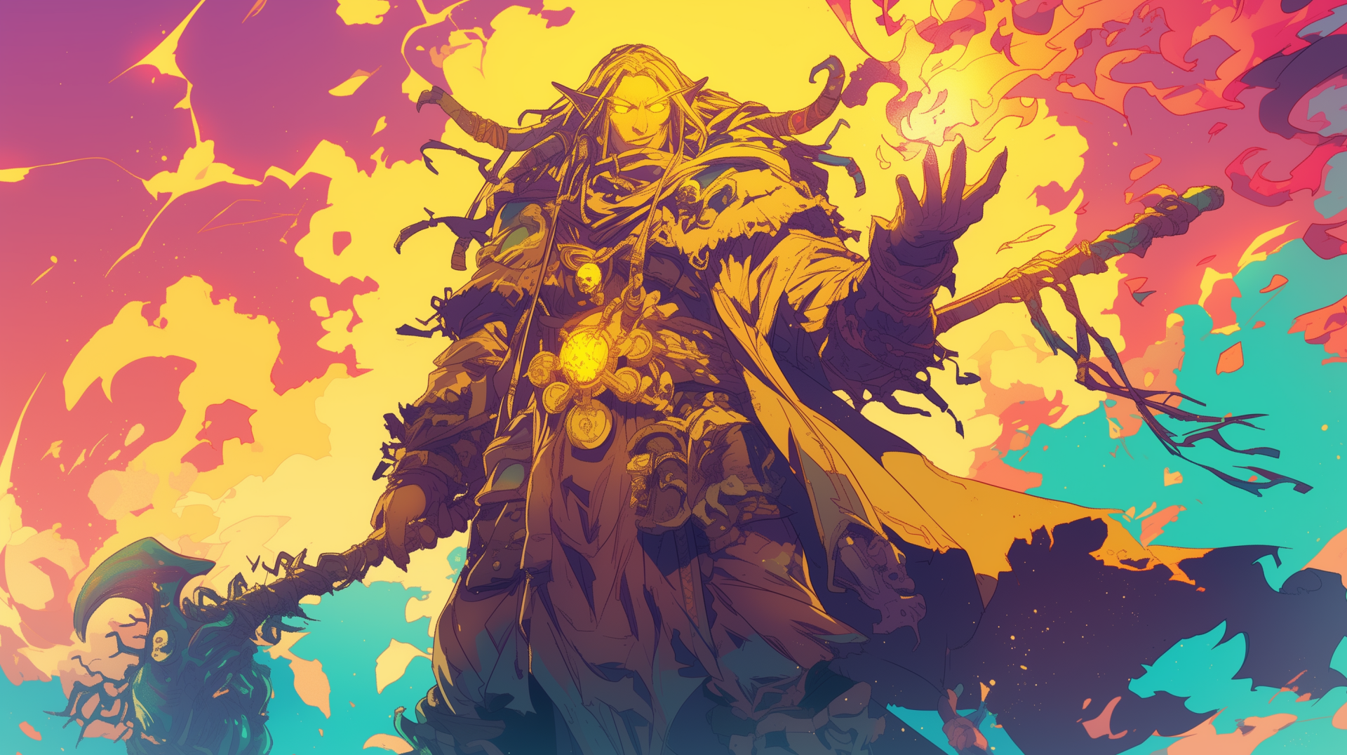 A vibrant HD desktop wallpaper featuring a powerful shaman from the video game World of Warcraft, set against a colorful, dynamic background.