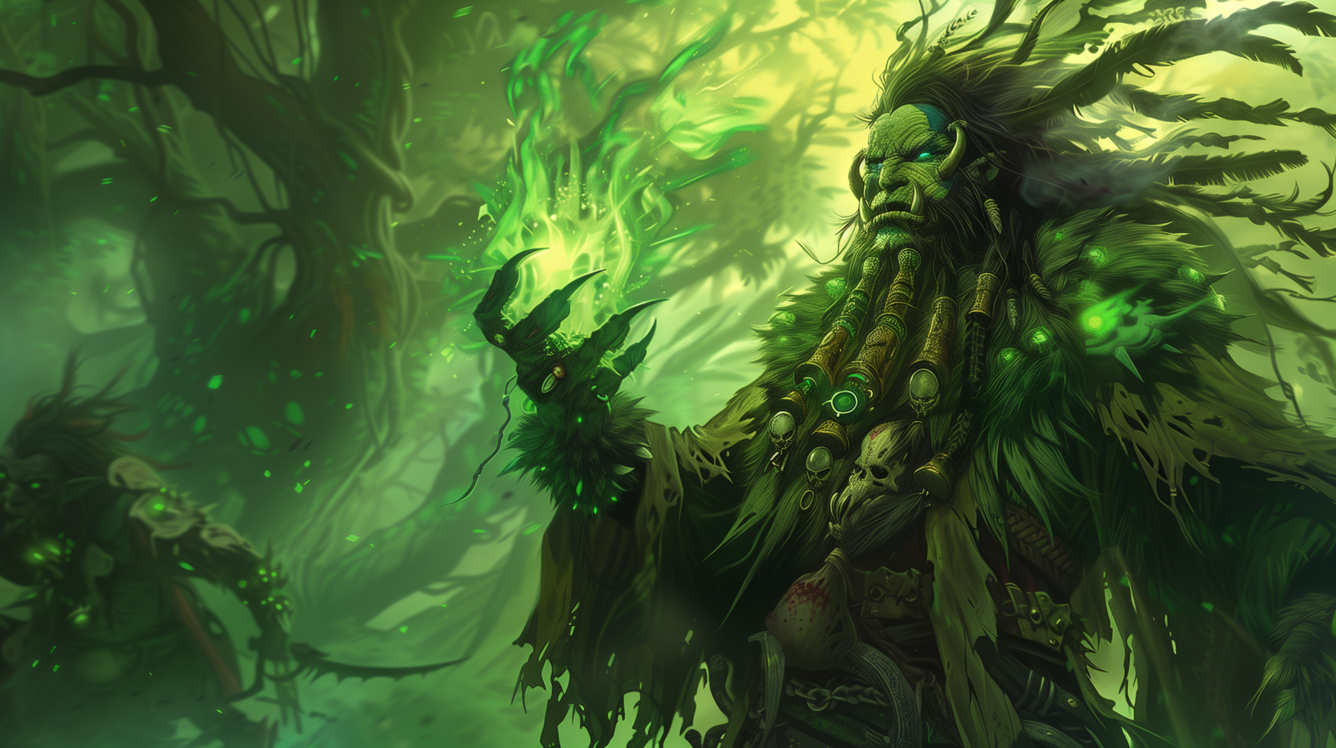 HD desktop wallpaper of a shaman from World of Warcraft surrounded by green light, holding a glowing green spell amidst a mystical forest backdrop.