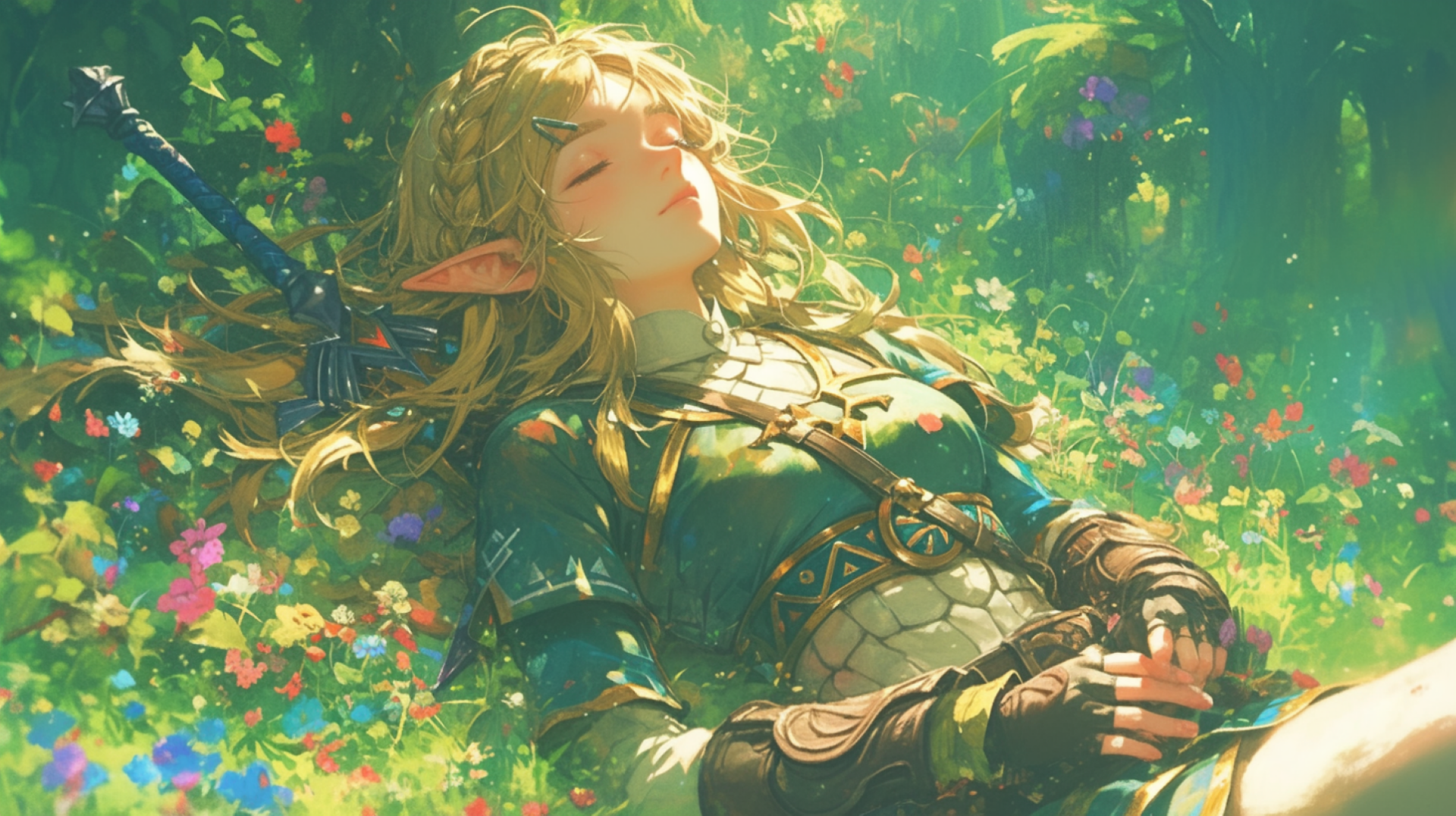 Anime-style elf resting peacefully in a vibrant, green fantasy forest, surrounded by colorful flowers and bathed in soft sunlight.