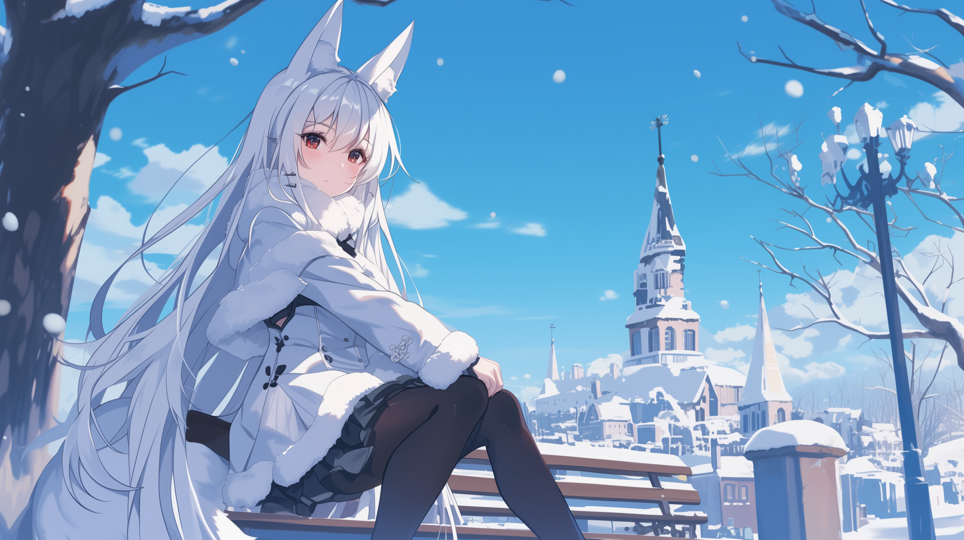 HD desktop wallpaper of Azur Lane anime character sitting on a bench in a snowy landscape with a picturesque village and tall buildings in the background.
