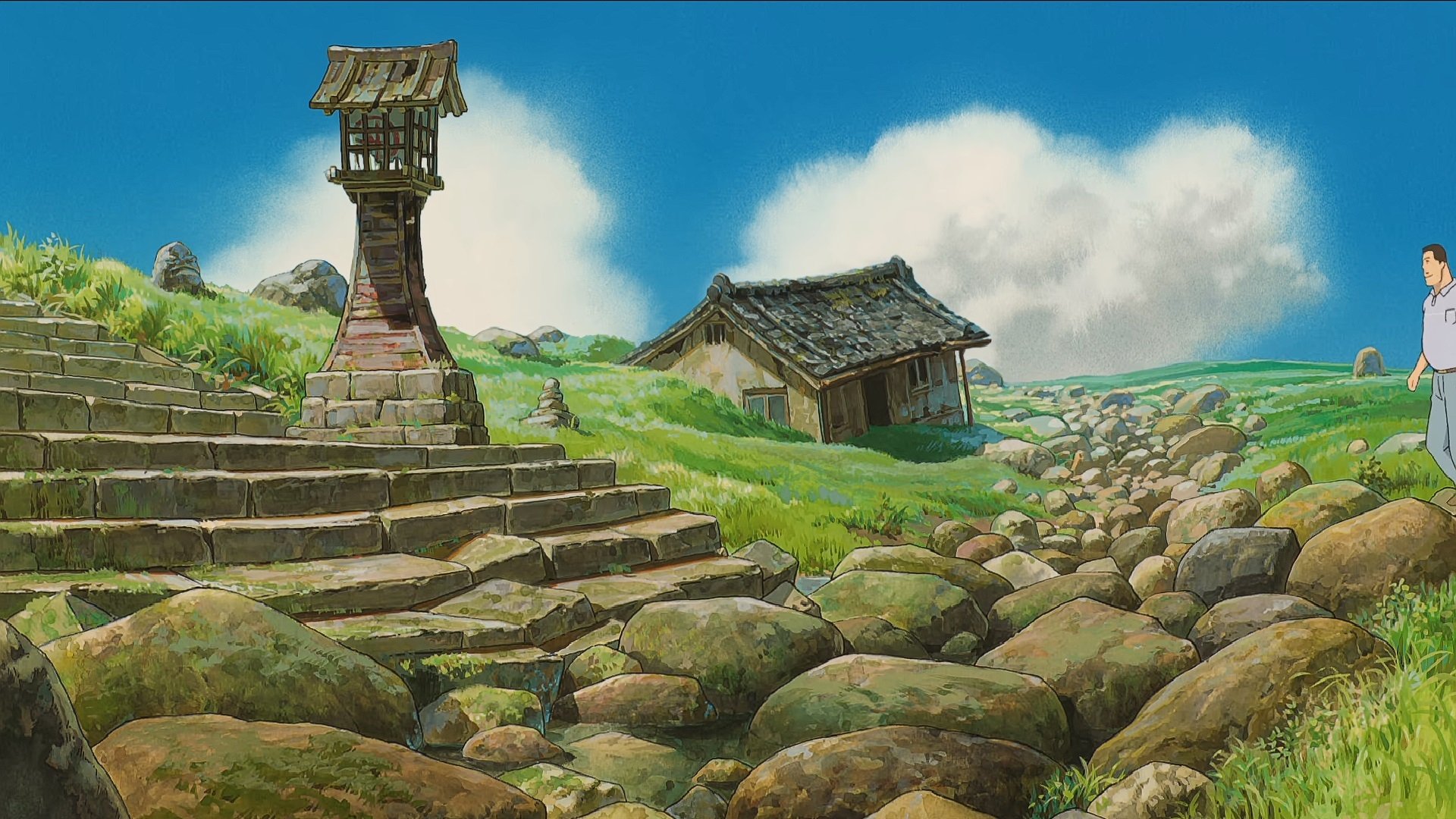 HD PC desktop wallpaper featuring a serene landscape from Studio Ghibli's Spirited Away with detailed stone steps and rustic buildings under a bright blue sky.