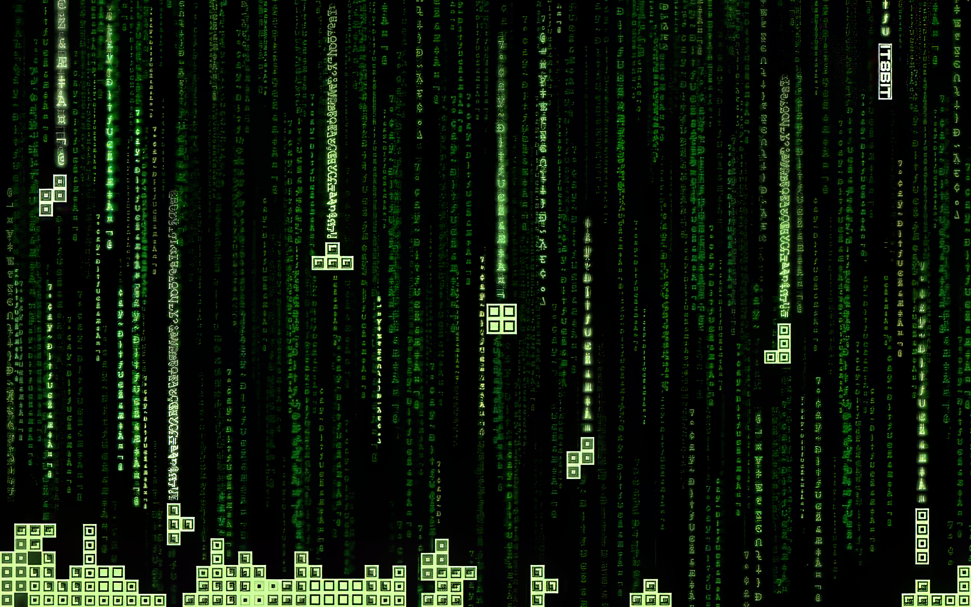 HD desktop wallpaper features a Tetris-themed design with falling green blocks against a matrix-style background.