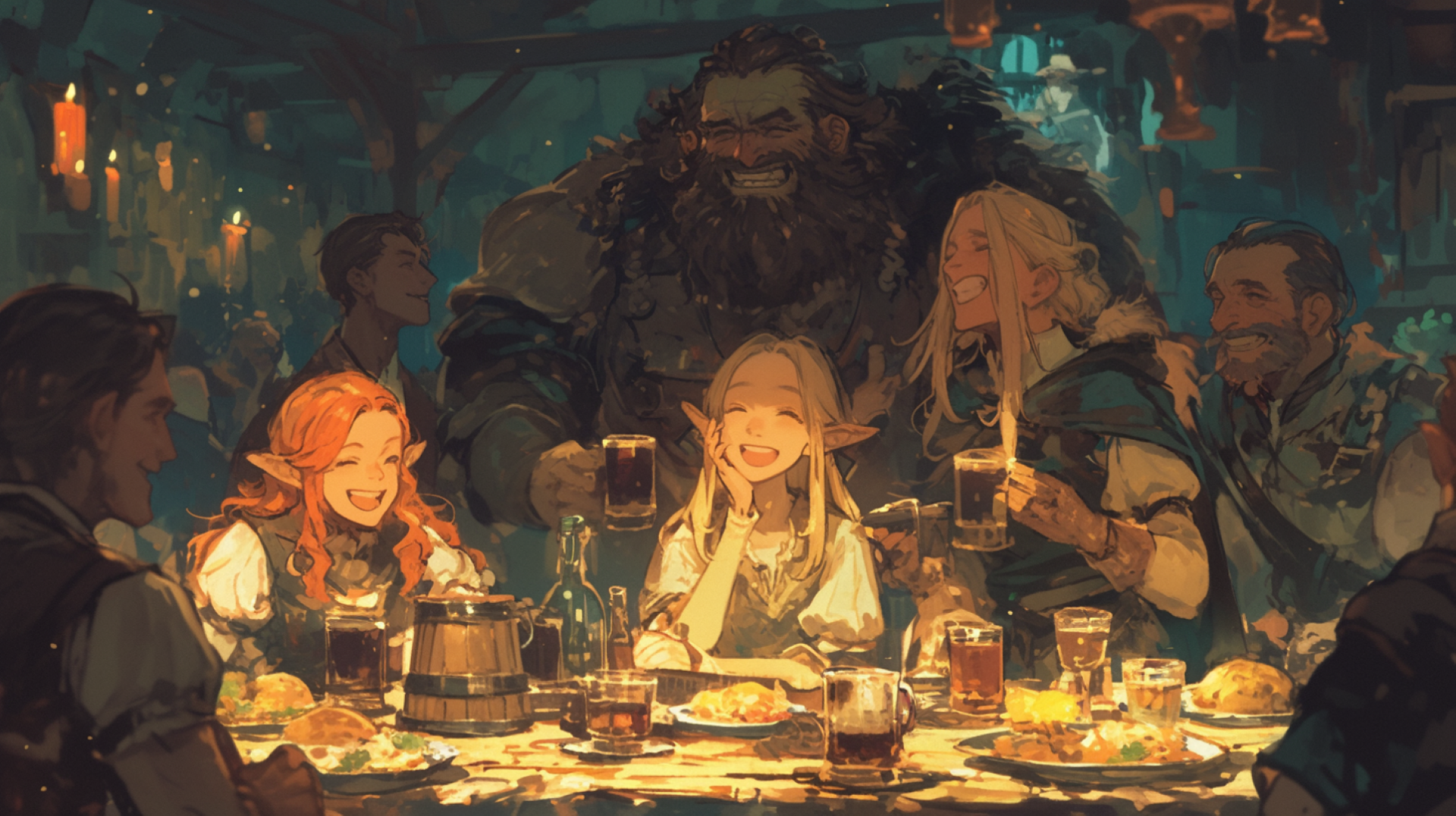 A joyful group of fantasy characters, including a cheerful elf, gathered around a tavern table filled with food and drinks in a warm, lively RPG setting.