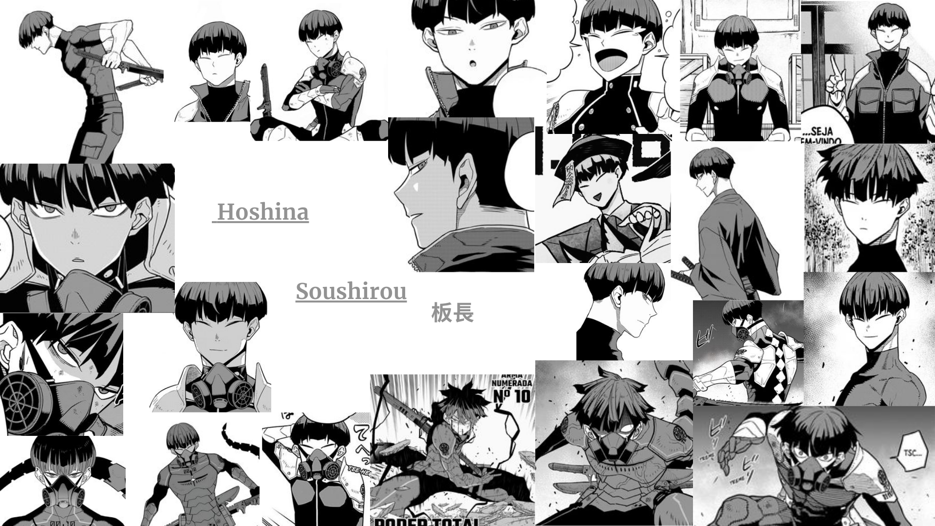 Black-and-white collage of Soushirou Hoshina from Kaiju No. 8, featuring various expressions and action scenes in an HD PC desktop wallpaper style.