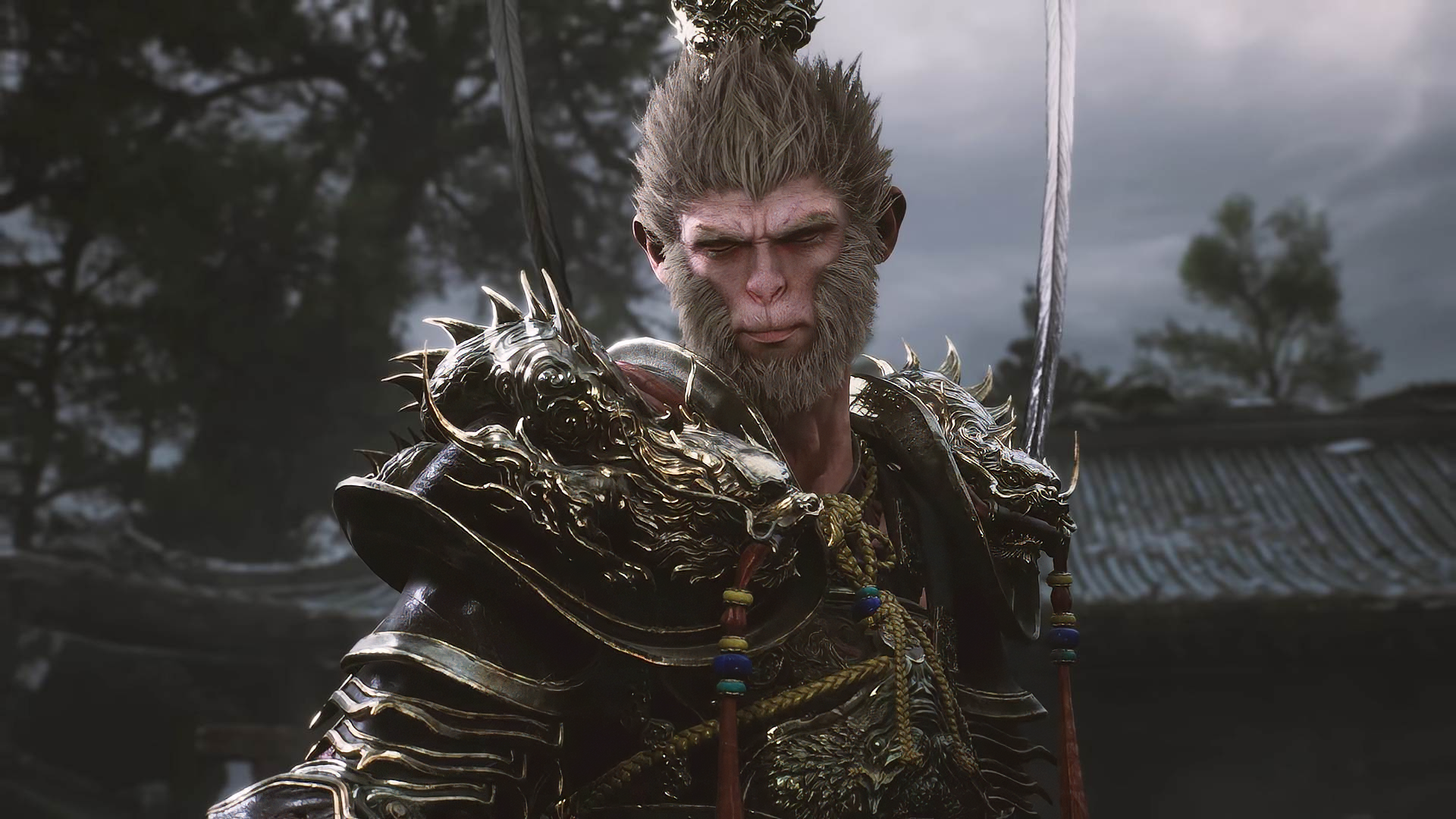 HD desktop wallpaper featuring a character from the video game Black Myth: Wukong, showcasing intricate armor and set against a cloudy, scenic backdrop.