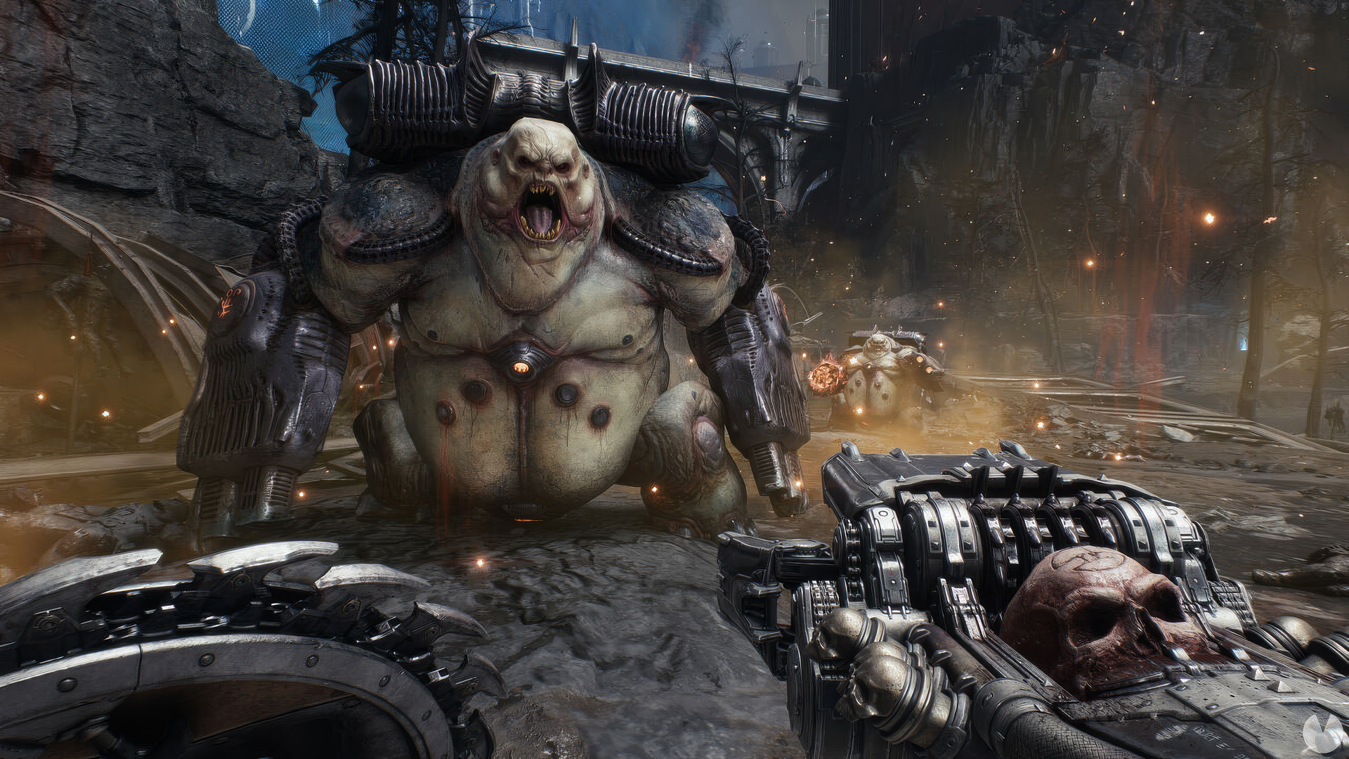 HD wallpaper of the video game DOOM: The Dark Ages featuring an intense battle scene with a menacing creature, a rugged environment, and detailed weaponry.