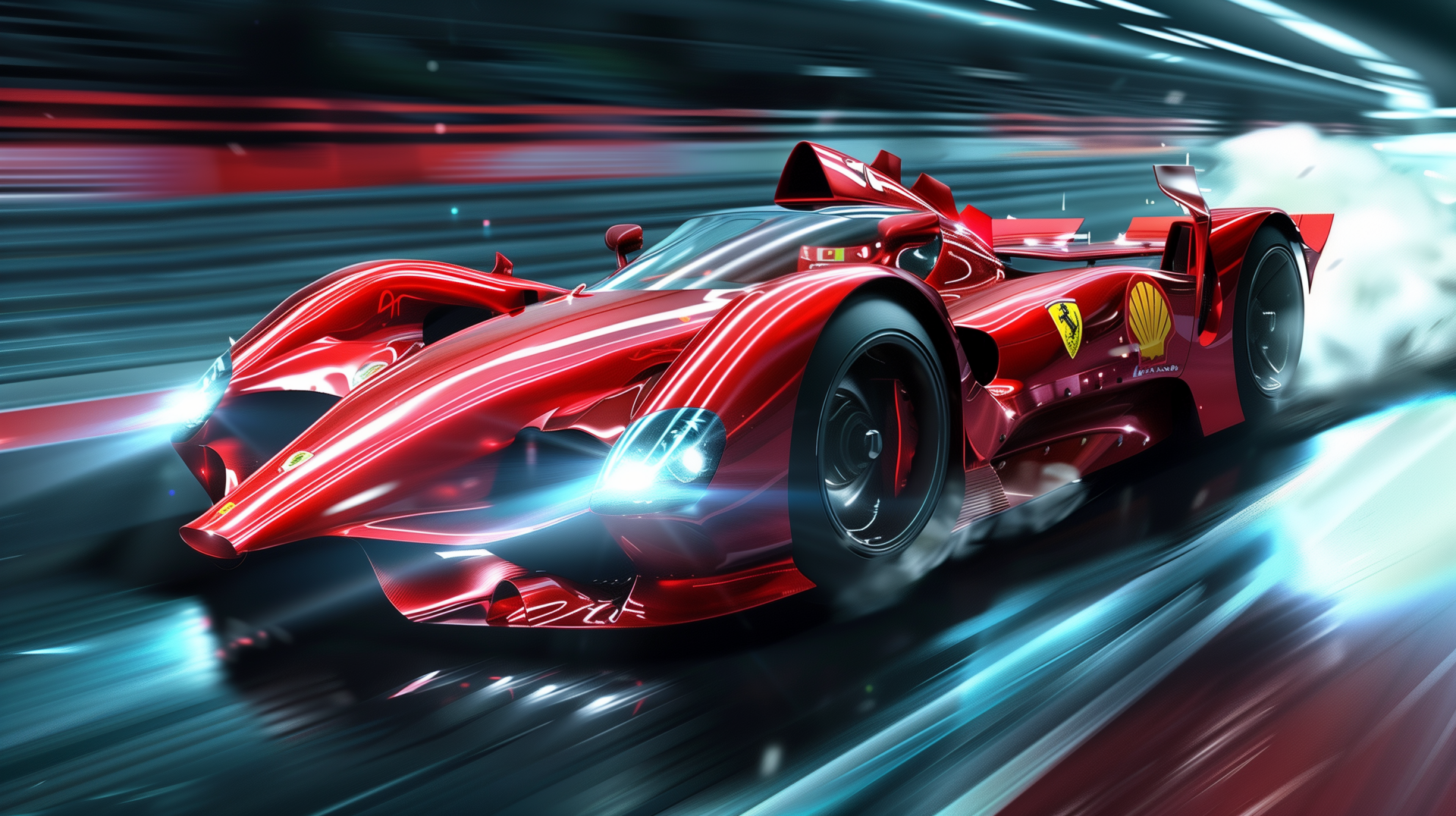 A sleek red Ferrari car speeding on a futuristic track, captured in an HD desktop wallpaper and background image.