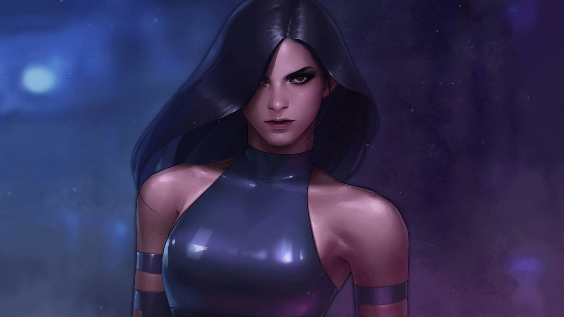 HD desktop wallpaper featuring Marvel Comics' Psylocke from X-Men, illustrated by Jeehyung Lee with a dark, mysterious atmosphere.
