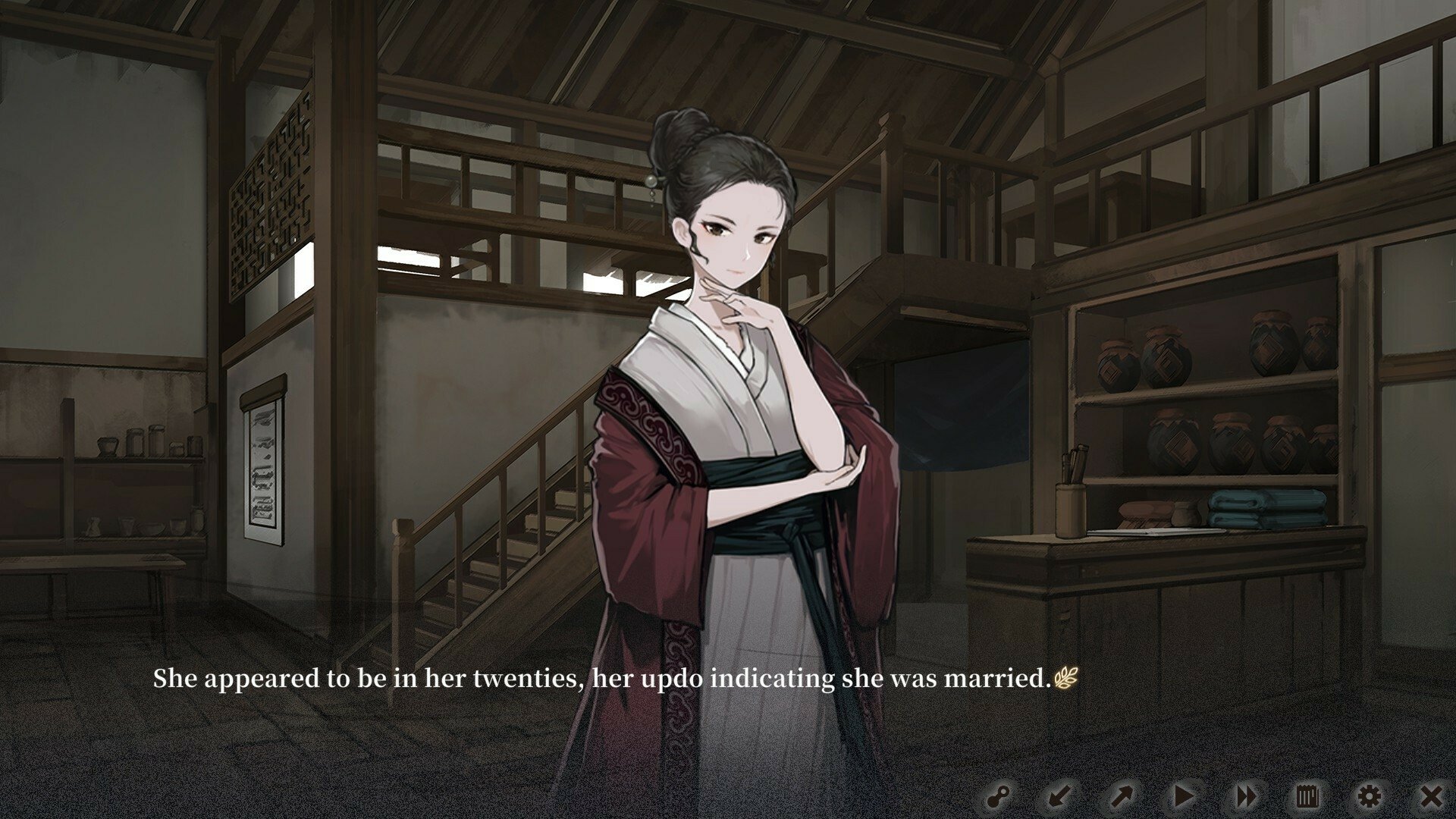 A scene from The Hungry Lamb: Traveling in the Late Ming Dynasty video game, depicting a woman in traditional attire inside a historical building. Text reads: She appeared to be in her twenties, her updo indicating she was married.