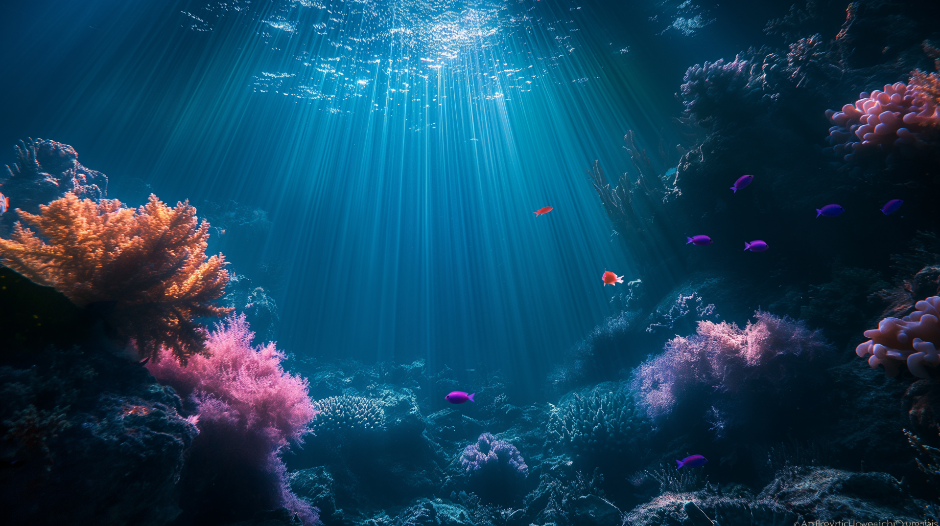HD PC desktop wallpaper featuring a vibrant underwater scene with colorful coral reefs and small fish illuminated by sunlight streaming through the water.