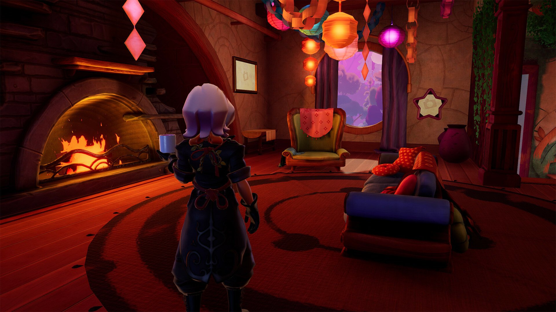 HD desktop wallpaper featuring the video game Wanderstop. The scene depicts a cozy, intricately designed room with a character standing in front of a fireplace, surrounded by colorful furniture and warm lighting.