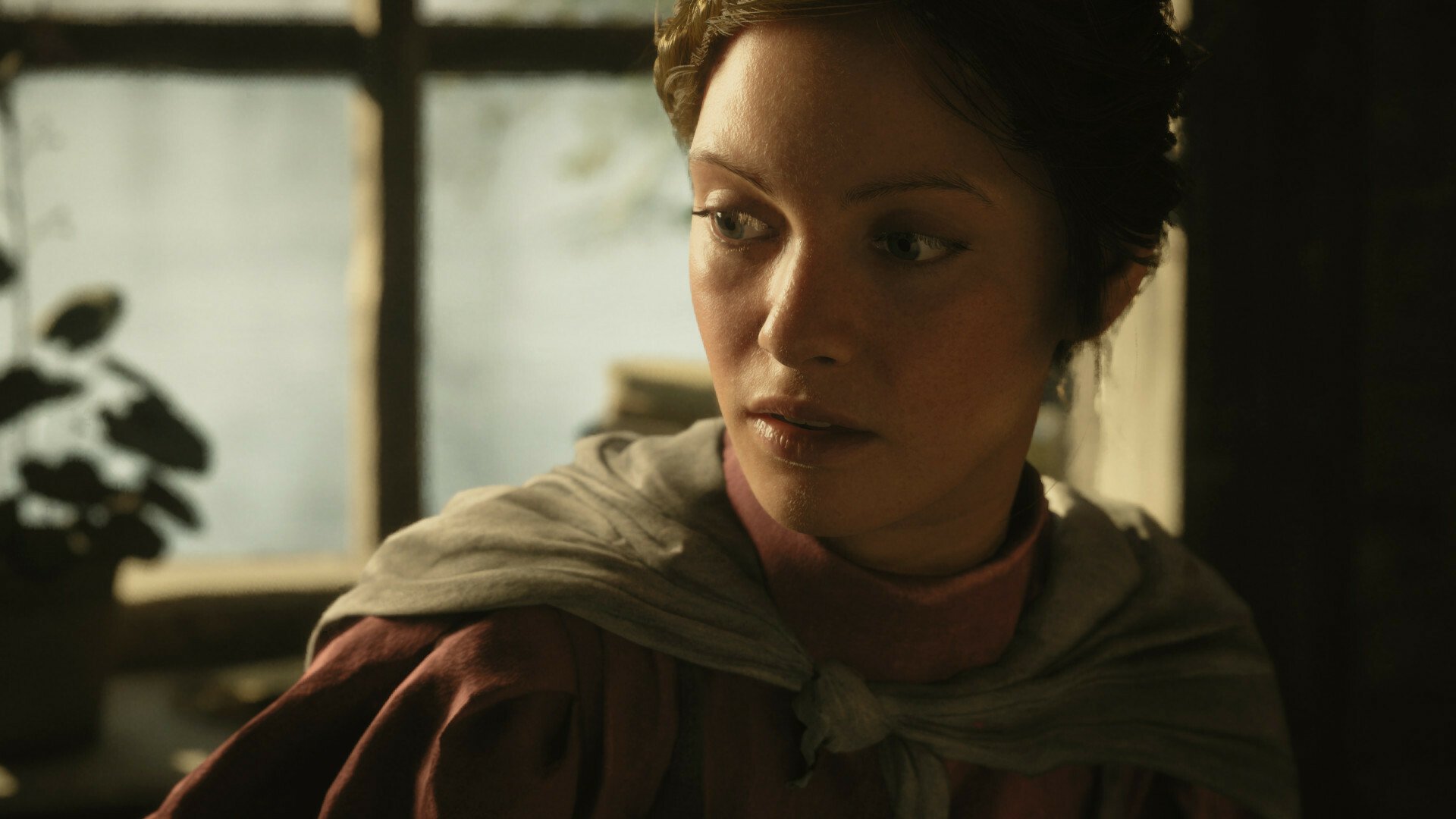 HD desktop wallpaper featuring a character from the video game Eriksholm: The Stolen Dream. The image shows a young woman in soft lighting, looking thoughtfully to the side.