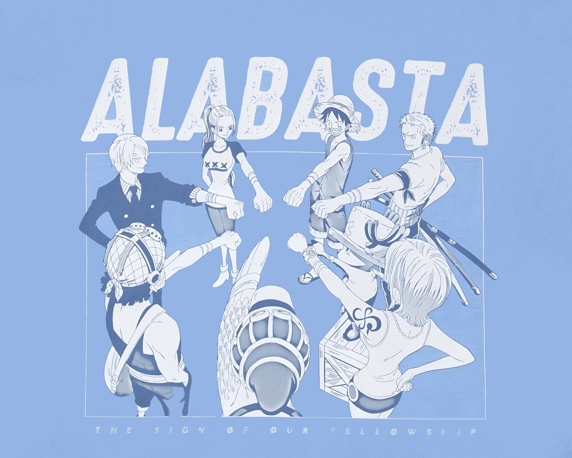 4K Ultra HD One Piece anime wallpaper depicting the Straw Hat crew in a circle with ALABASTA text above on a light blue background.