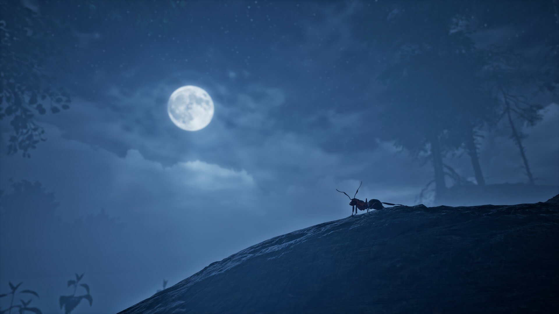 HD desktop wallpaper of Empire of the Ants video game. Shows an ant on a hill with a full moon and a dark forest background. The scene is illuminated by moonlight.