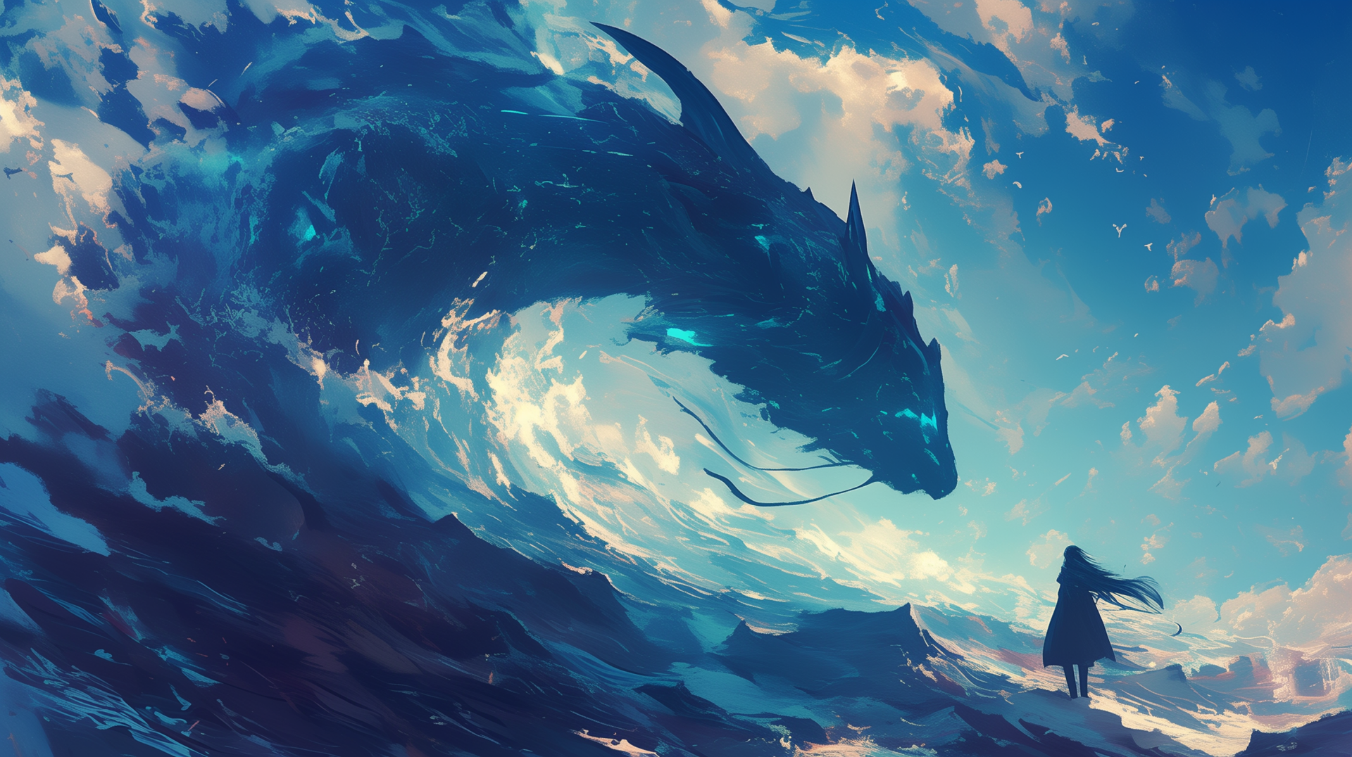 Anime-style HD desktop wallpaper of a towering water dragon emerging from the sea, facing a lone figure under a cloudy sky.