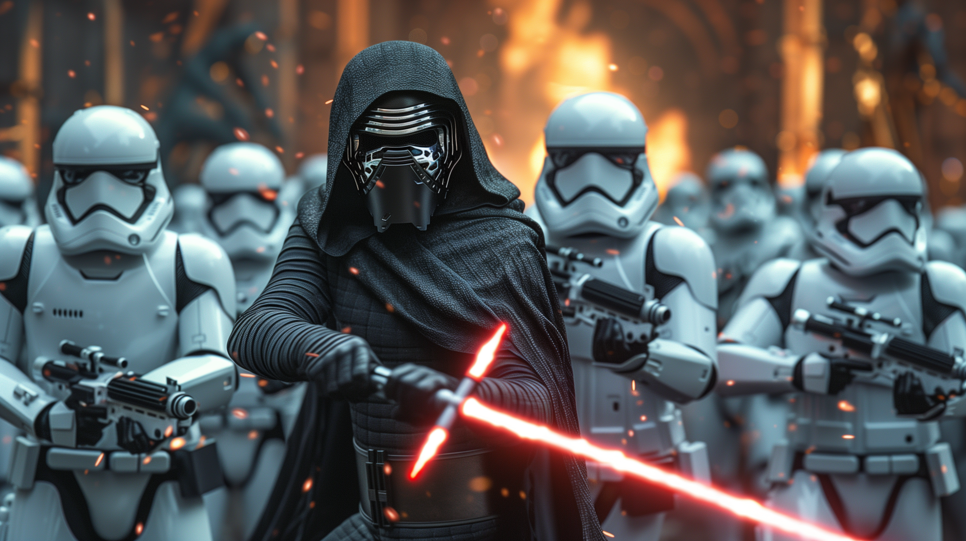 HD Star Wars fan art desktop wallpaper: Kylo Ren in black hood and mask ignites a red crossguard lightsaber, flanked by stormtroopers amid a fiery battlefield backdrop.
