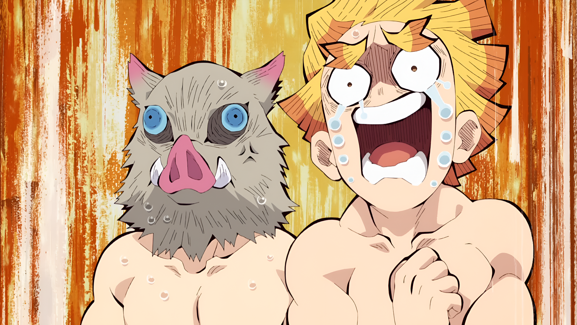 Anime-style 4K Ultra HD wallpaper featuring Inosuke Hashibira with his boar mask and a tearful, expressive Zenitsu Agatsuma from Demon Slayer: Kimetsu no Yaiba.