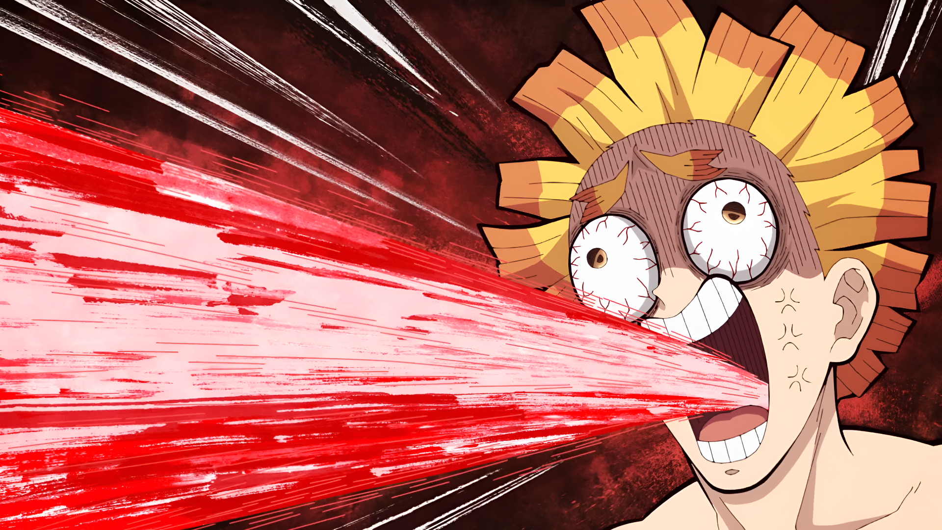 Anime-style 4K Ultra HD wallpaper featuring Zenitsu Agatsuma from Demon Slayer: Kimetsu no Yaiba with an exaggerated, intense facial expression and red energy blast.