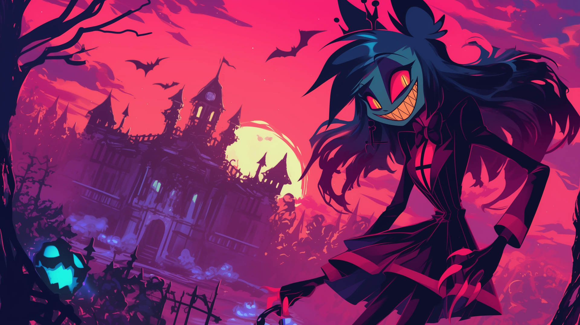 HD desktop wallpaper featuring a character from the TV show Hazbin Hotel with a sinister grin, standing in front of a gothic mansion under a red sky and full moon.