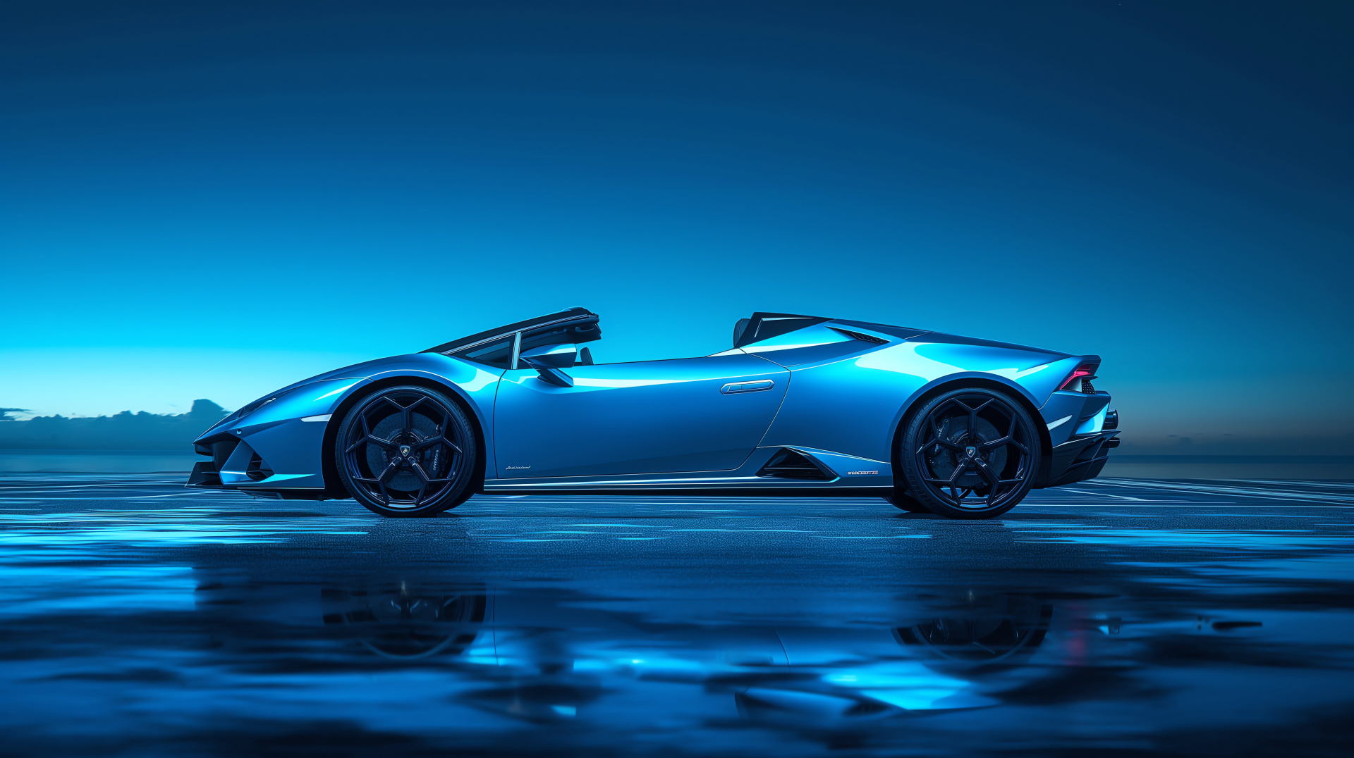 Sleek blue Lamborghini Huracan Spyder showcased in vibrant 4K Ultra HD against a twilight sky, reflecting on a glossy surface.