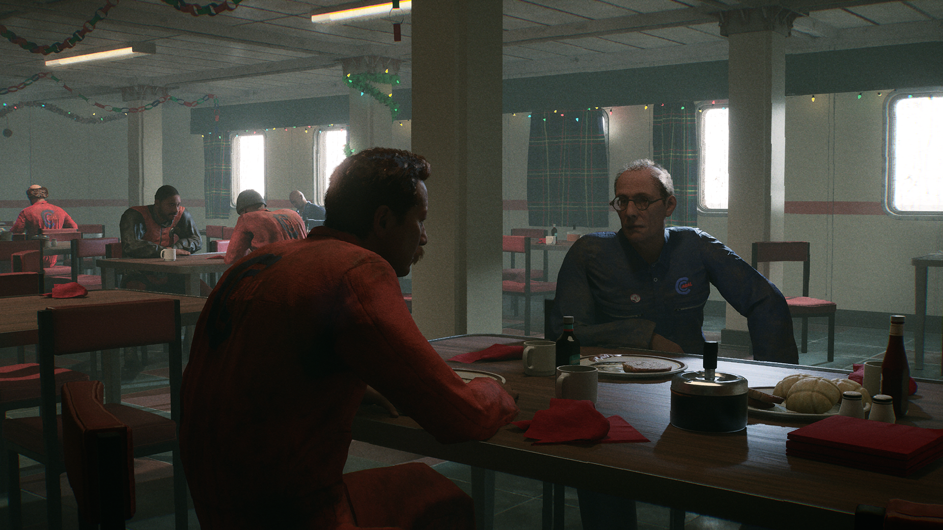 HD desktop wallpaper and background from the video game Still Wakes the Deep, depicting two characters sitting at a dining table in a dimly lit, industrial-style mess hall.