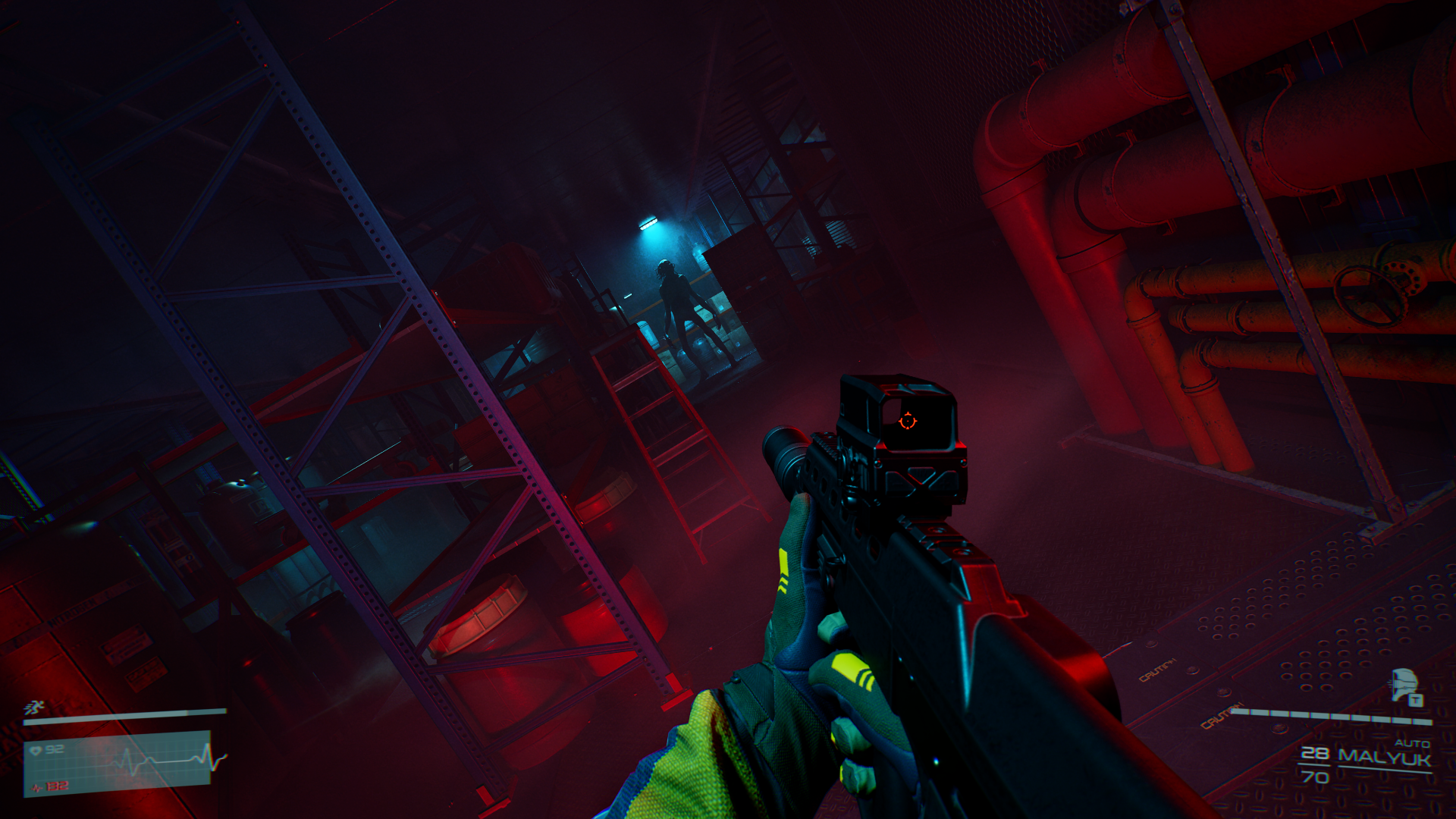 A high-definition desktop wallpaper of the video game Level Zero: Extraction featuring a first-person perspective aiming at an industrial setting with vibrant blue and red lighting.