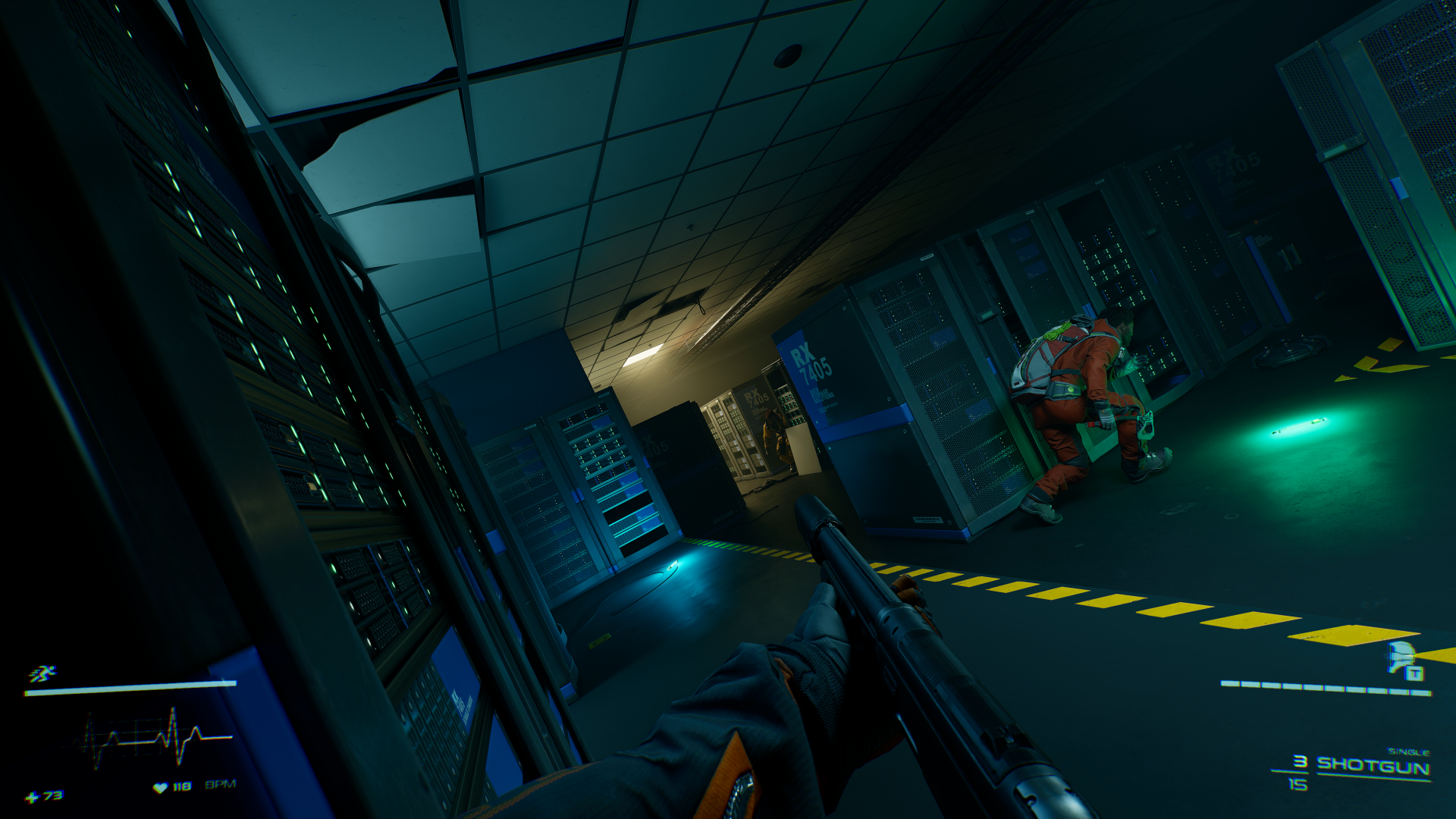 HD desktop wallpaper featuring a scene from the video game Level Zero: Extraction, showcasing a dimly lit futuristic room with a character interacting with machinery.