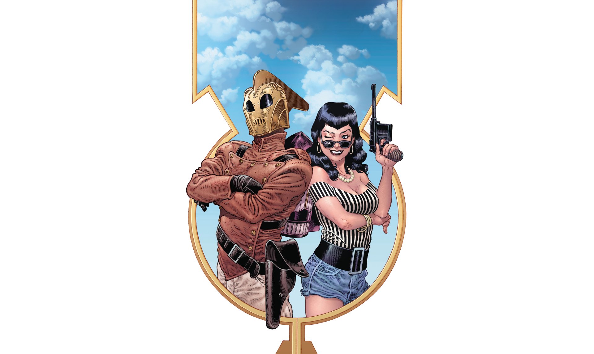 The Rocketeer and female sidekick stand back-to-back, vintage helmet and pistol, framed by a blue-sky banner — 5K Ultra HD PC desktop wallpaper/background.