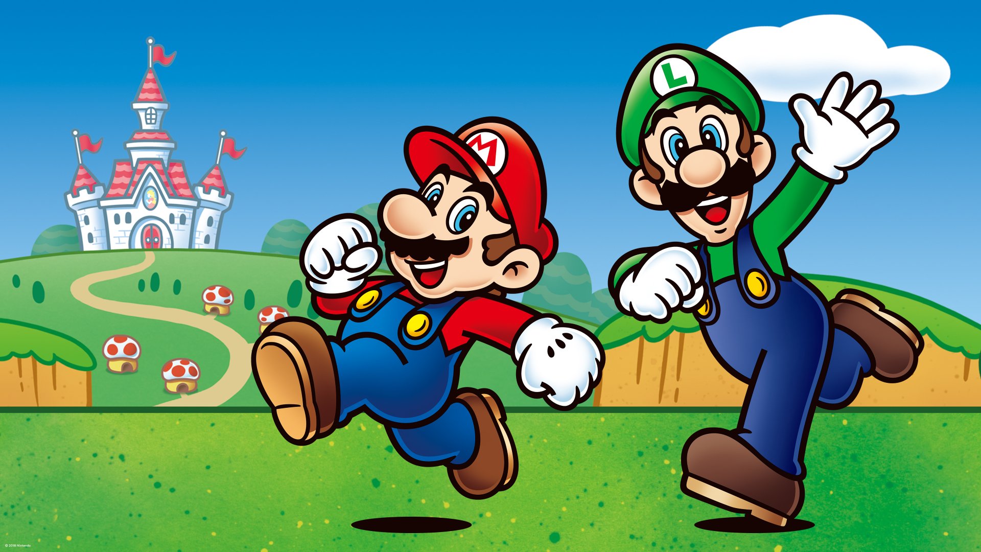4K Ultra HD Super Mario wallpaper featuring Mario and Luigi joyfully running in a vibrant, colorful landscape with Princess Peach's castle in the background.
