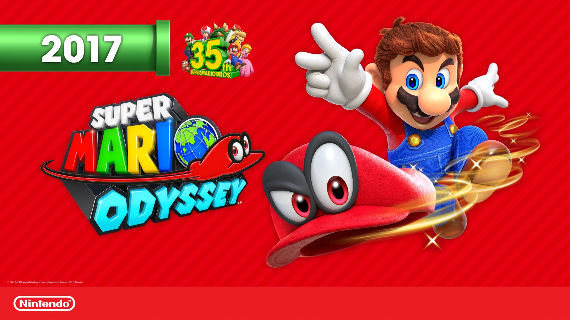 4K Ultra HD Super Mario Odyssey PC desktop wallpaper featuring Mario, his iconic hat Cappy, and vibrant red background celebrating the 2017 release and 35th anniversary.