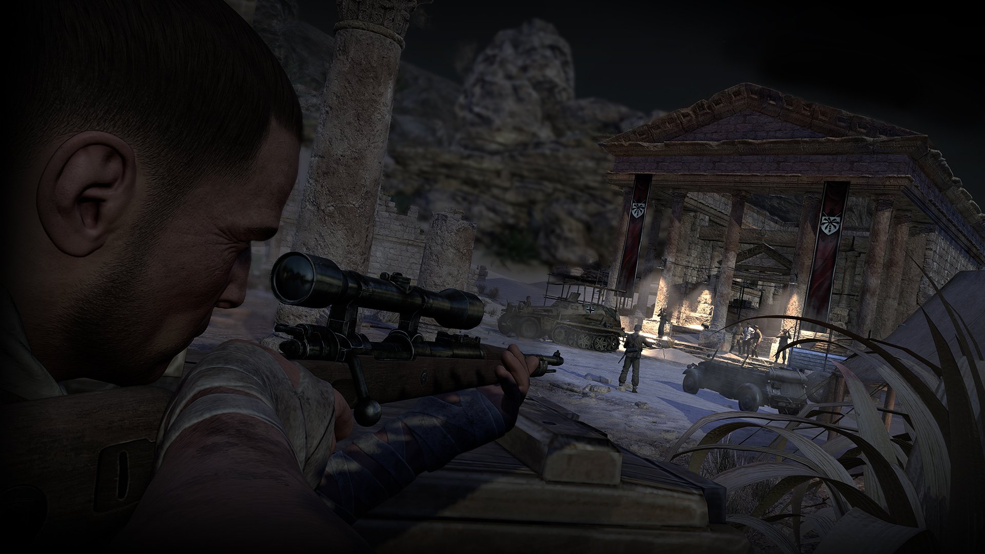 HD desktop wallpaper featuring a scene from Sniper Elite III. The image shows a sniper aiming at targets in a night-time ancient ruins setting, conveying tension and focus from the game.