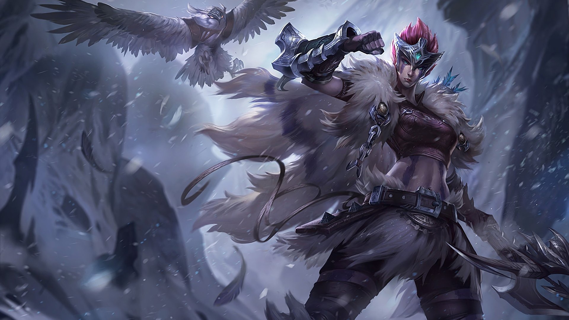 A high-definition wallpaper of Quinn from the video game League of Legends, showcasing her in an action pose with her bird companion. The background features a snowy, mountainous terrain.