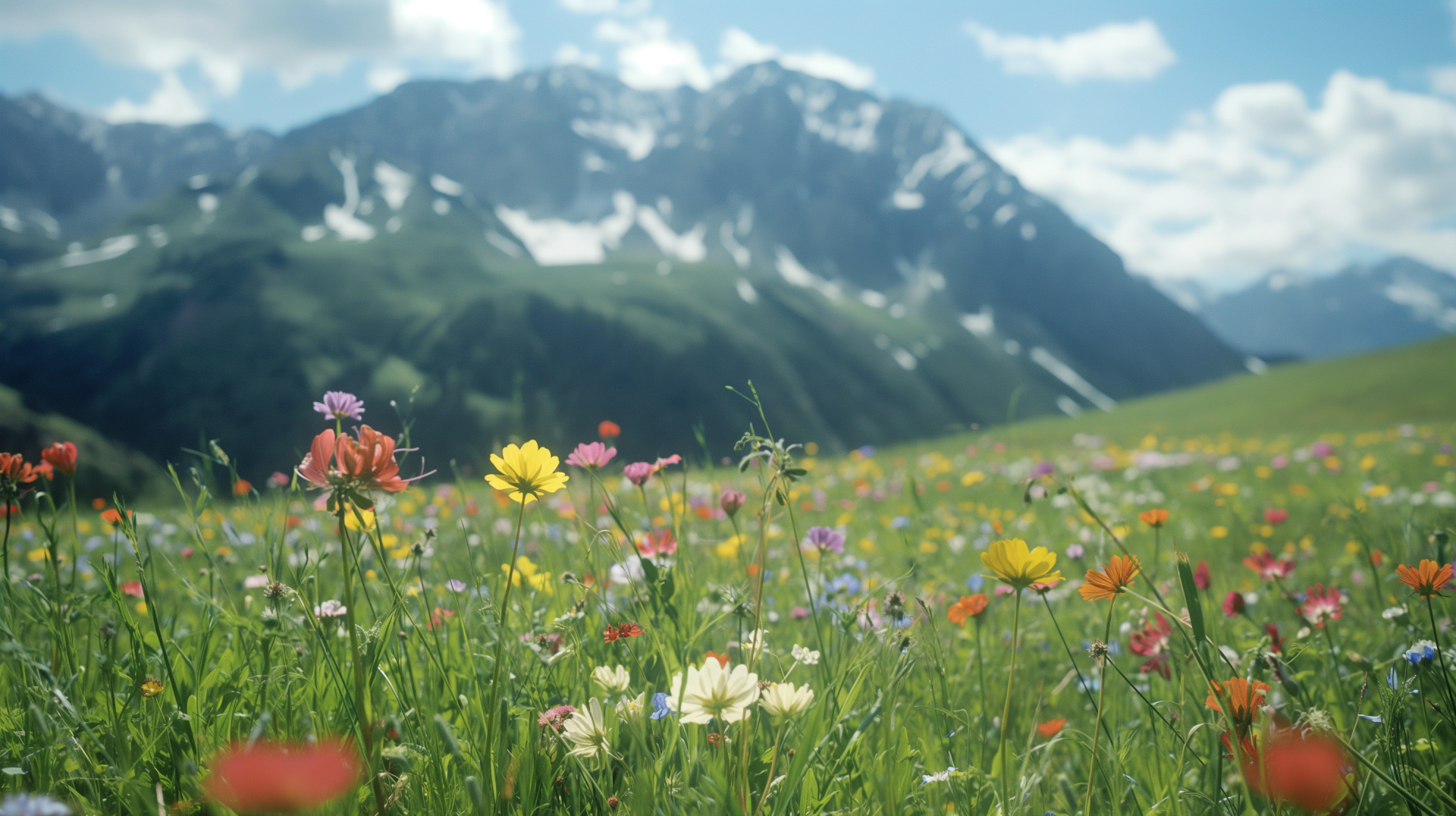HD desktop wallpaper depicting a vibrant meadow of colorful flowers with the majestic Alps mountains in the background under a partly cloudy sky.