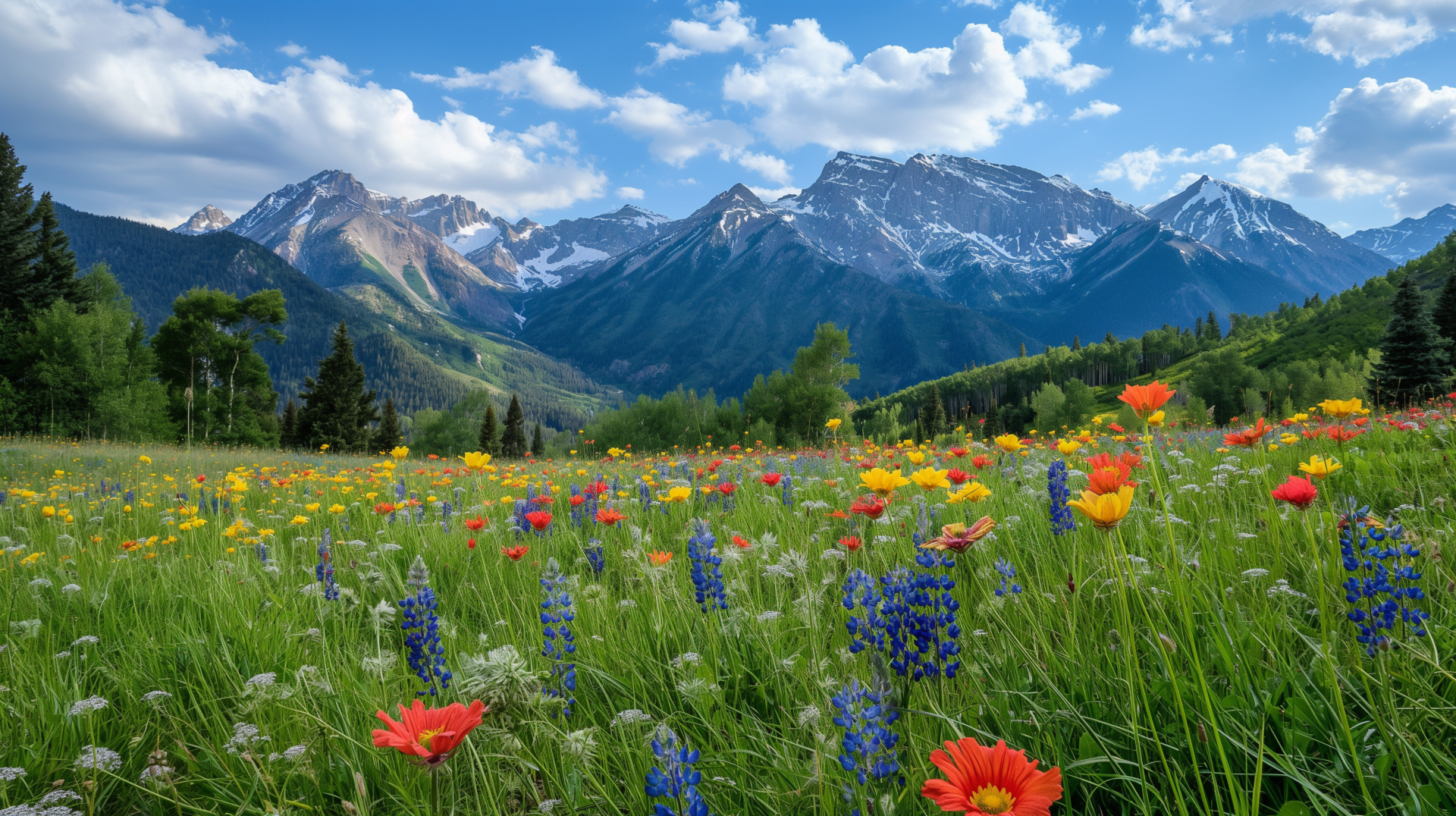 Vibrant flowers bloom in a lush meadow beneath towering snow-capped Alps under a bright blue sky, captured in an HD PC desktop wallpaper background.