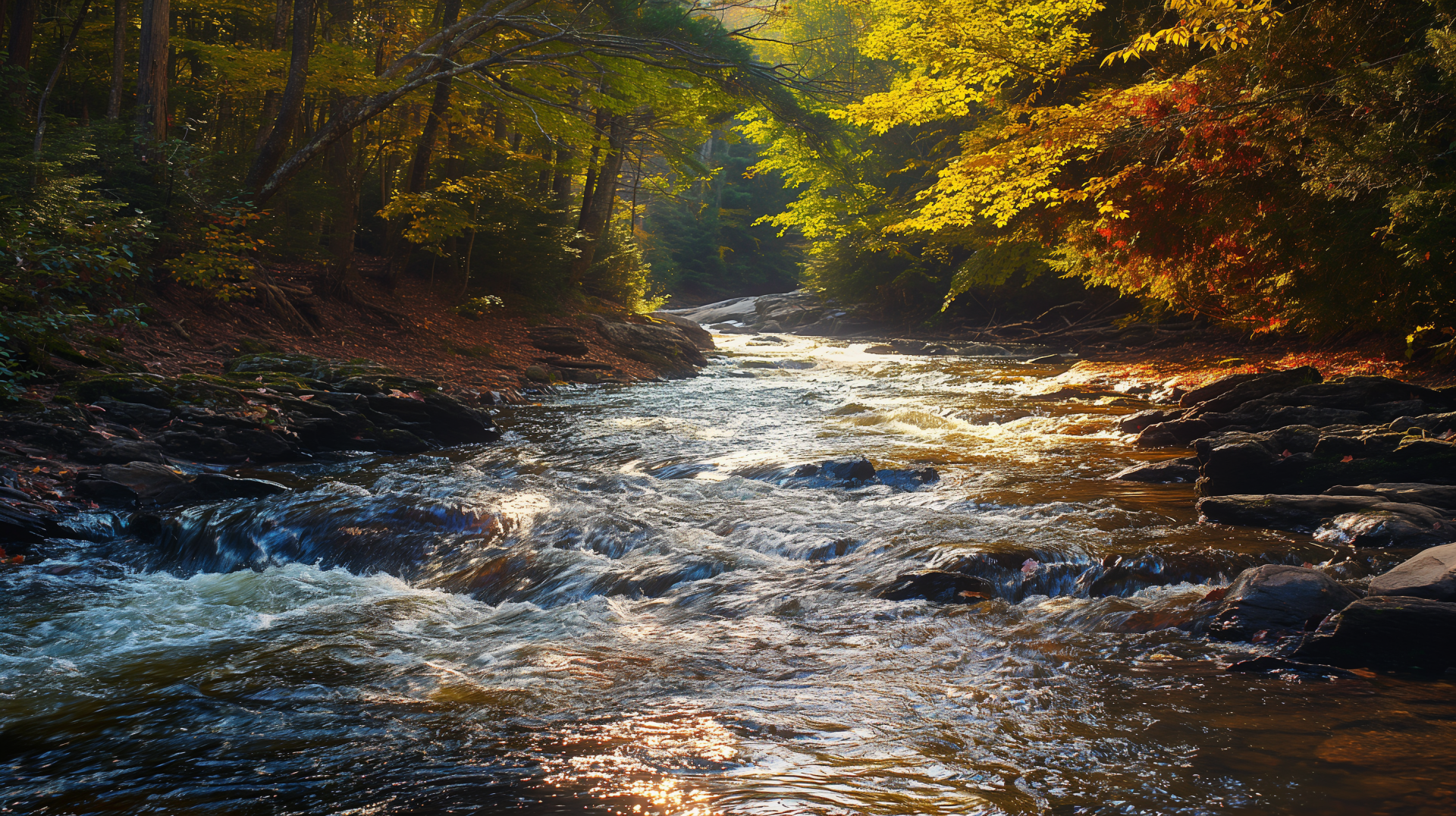 HD desktop wallpaper of a sunlit creek flowing through a dense forest with vibrant autumn foliage and rocky banks.