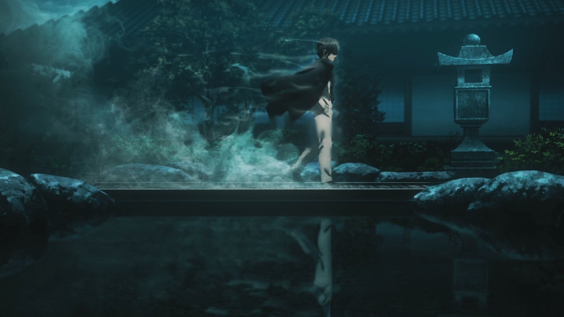 HD PC desktop wallpaper featuring Muzan Kibutsuji from the anime Demon Slayer: Kimetsu no Yaiba in a dark, atmospheric night scene by water.