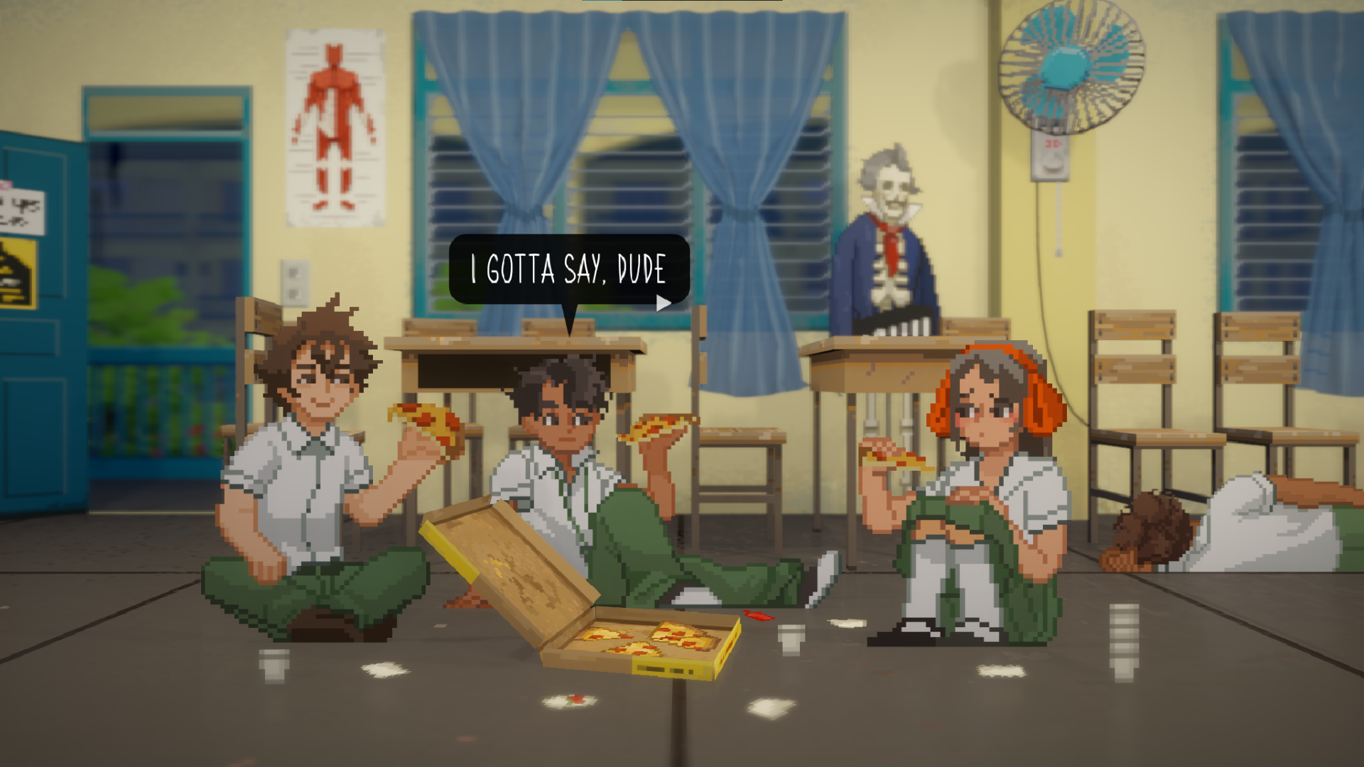 Three pixelated characters enjoying pizza on a classroom floor from the video game Until Then, set as an HD desktop wallpaper and background.