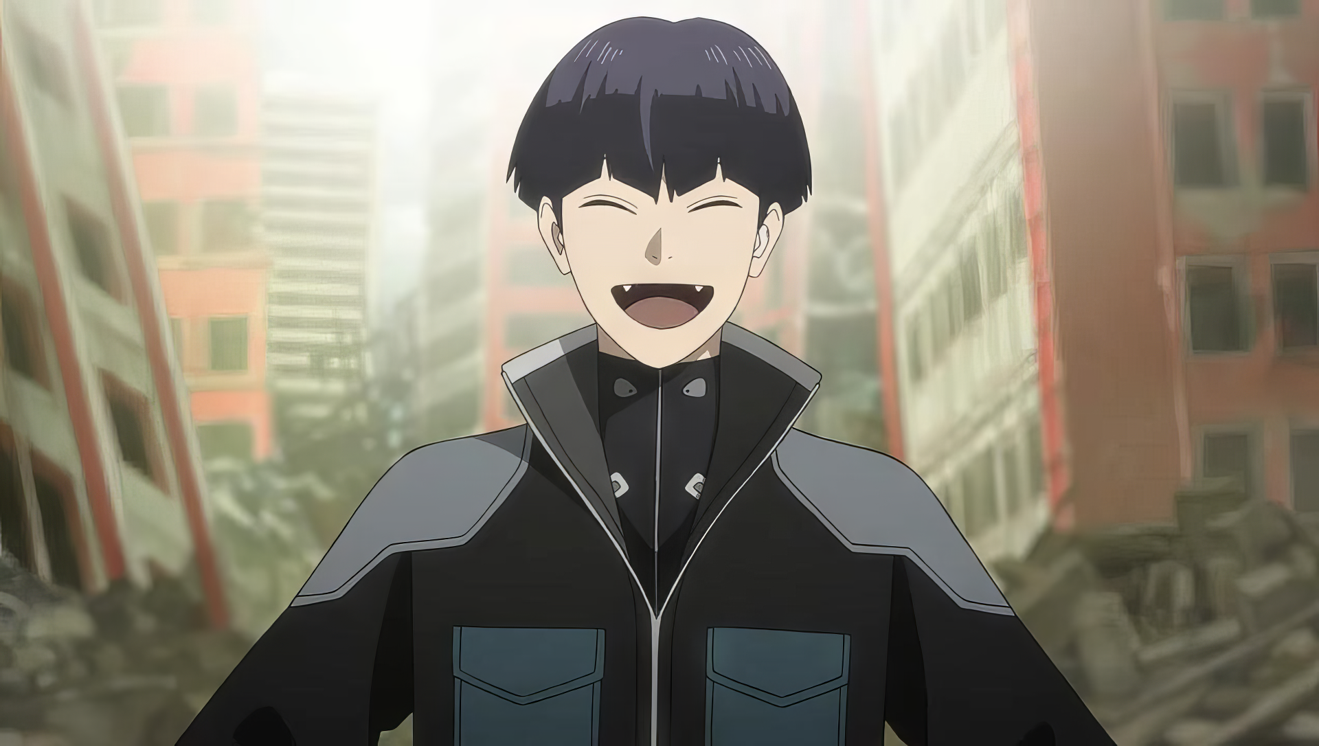 HD desktop wallpaper featuring Soushirou Hoshina from the anime Kaiju No. 8, smiling amidst a backdrop of collapsed buildings.
